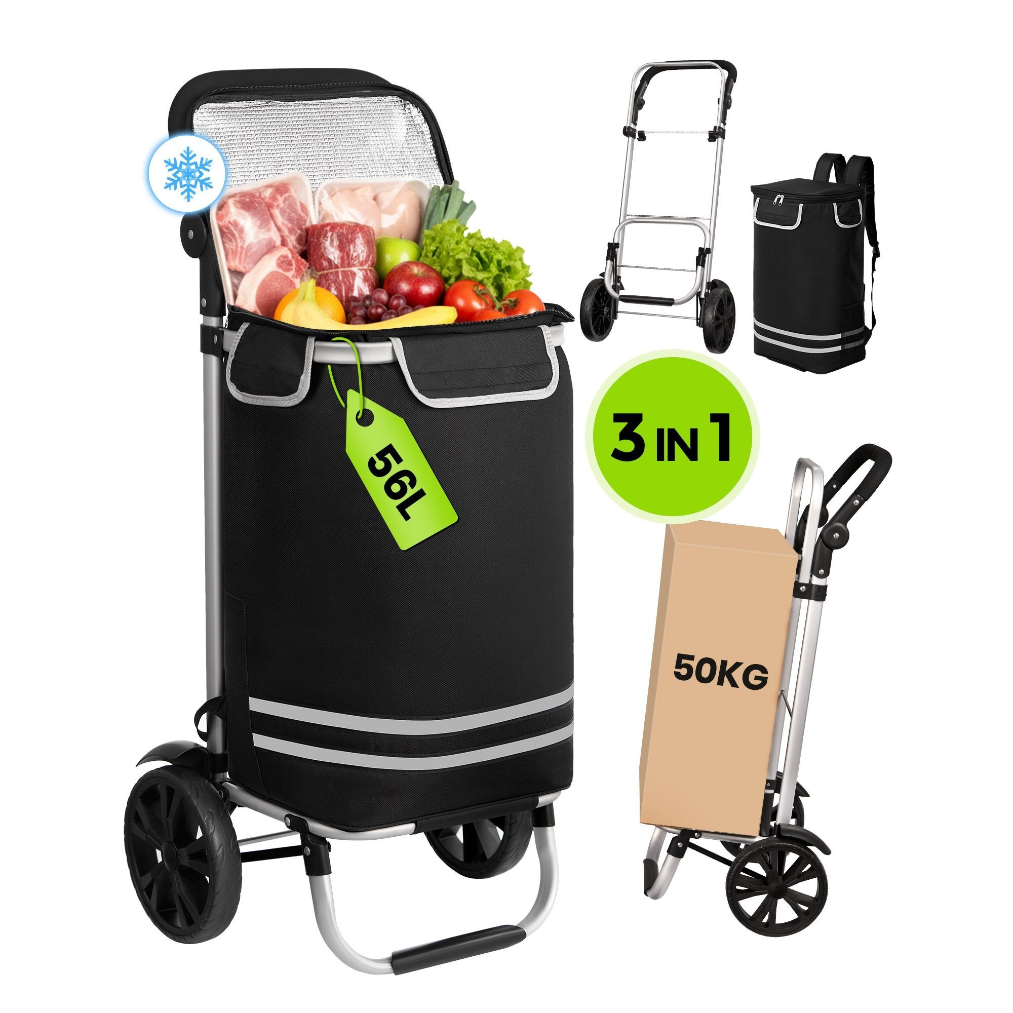 Oak & Tea Shopping Trolley 3 In 1 Foldable, Lightweight & (50 Kg Load 56l) With & Adjustable Handle - Made Of Oxford Fabric With Insulated Lining - Ideal For Supermarket, Travel