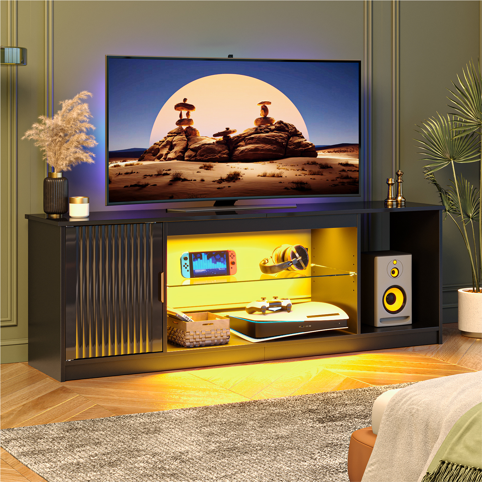 Image of Bestier 65-inch Tv Stand With Striped Pattern, Cabinet, And High-gloss Glass Shelves, Suitable For Living Room; 57 Inches, High-gloss Black