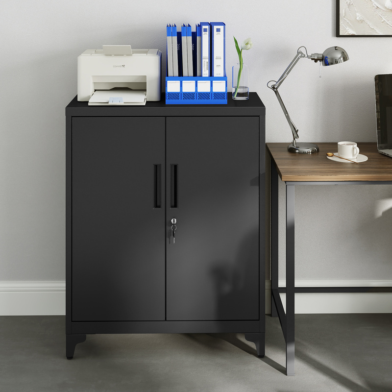 multifunctional storage cabinet steel office cabinet with two lockable doors and shelves suitable for study living room and office black