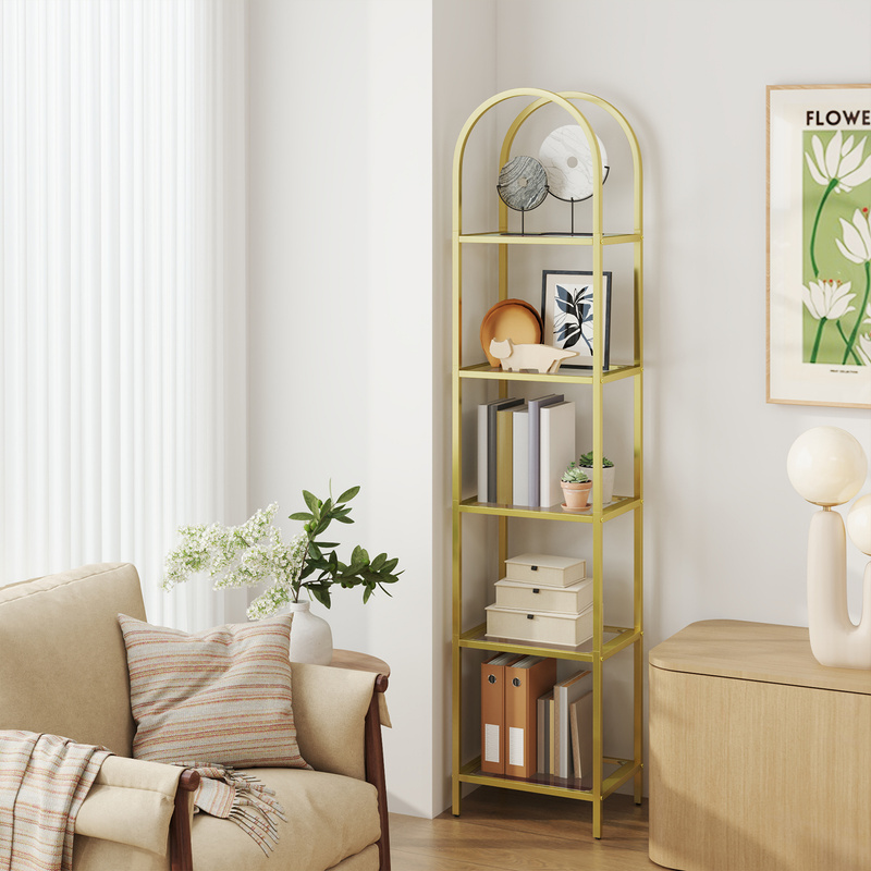 Image of Shelving Unit, Display Stand, Freestanding Bookshelf Made Of Tempered Glass, Curved Metal Frame, 5 Levels, Suitable For Living Room, Bedroom, Study, Bathroom, Golden-transparent Metallic Surface.