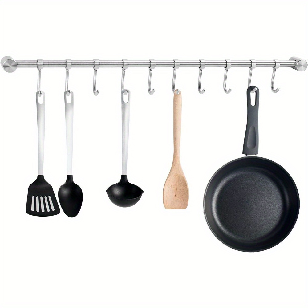 Image of Rail For Kitchen, Bathroom And Living Room - 52 Cm Stainless Steel Wall Bracket With 10 Movable Hooks, Ideal For Storing Kitchen Utensils, Pots, Towels And More - Hanging Rail, Space- And Practical.