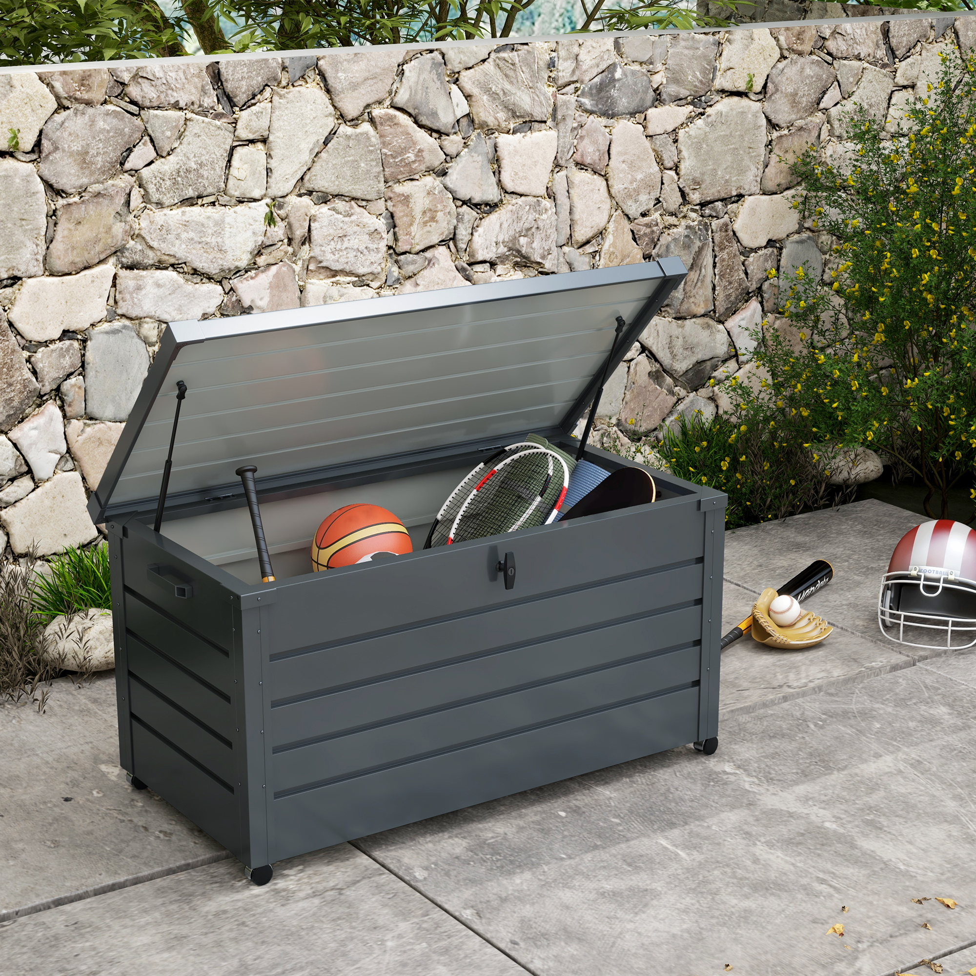 Image of Metal Garden Storage Box 311 Liter With Handles, Wheels, Lock, Waterproof, Lockable, Outdoor Garden Chest, Weatherproof Cushion Box For Garden, Balcony, 120 X 62cm, Dark Grey