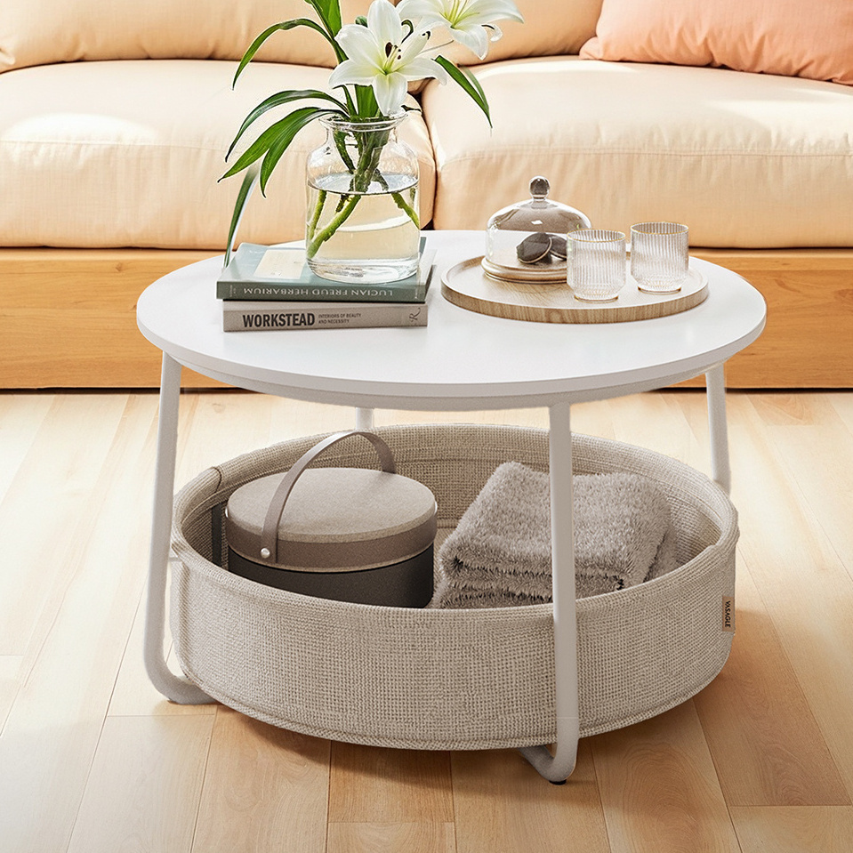 E-shop Couchtisch rund 75 cm d mit Korb aus Stoff ,Metallrahmen, Beistelltisch mit Stauraum, Nachttisch, Sofa-Beistelltisch, Wohnzimmertisch verwendet