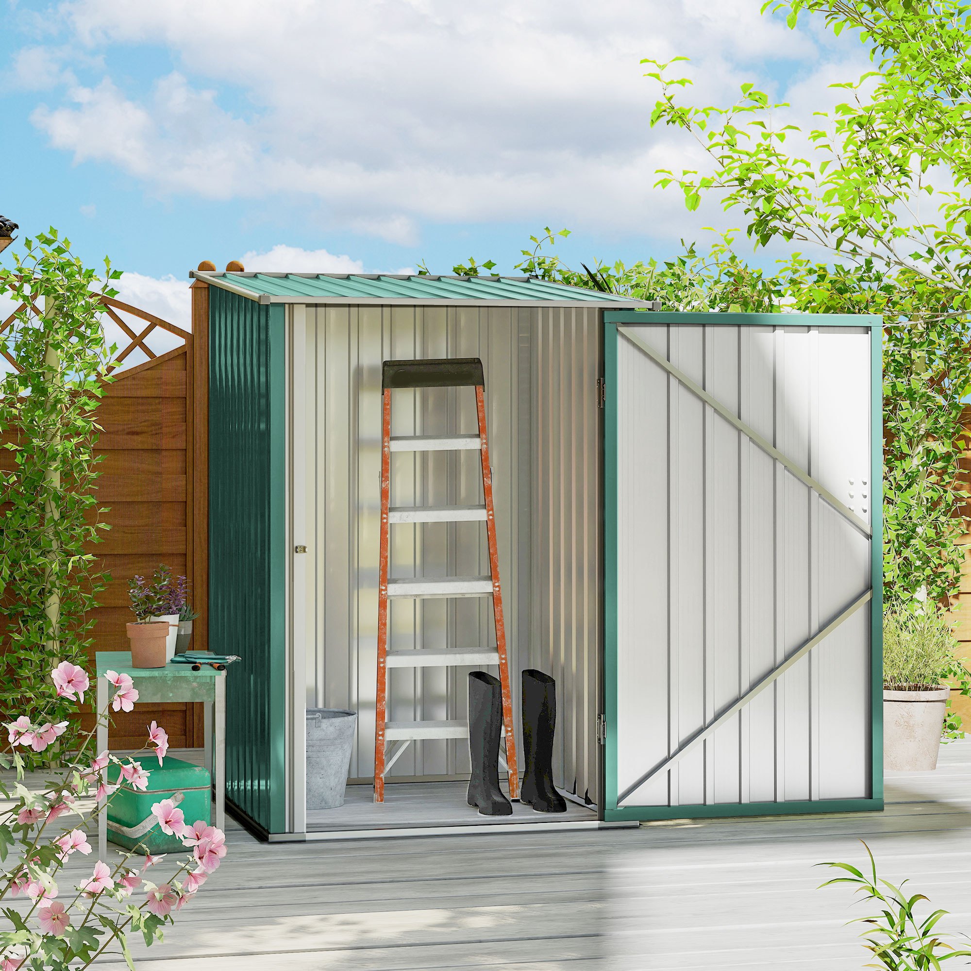 Image of Metal Tool Shed 0.92 M² 100x103x160cm With Pent Roof, Lockable Door, Garden House, Outdoor Shed Cabinet For Backyard, Exterior Area, Green