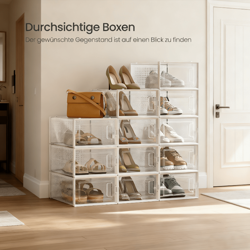 E-shop 12 Stück Stapelbare Schuhboxen aus Kunststoff, Schubladen-Organizer aus PP-Kunststoff ,Durchsichtige Schuhaufbewahrung mit Schublade, Faltbare