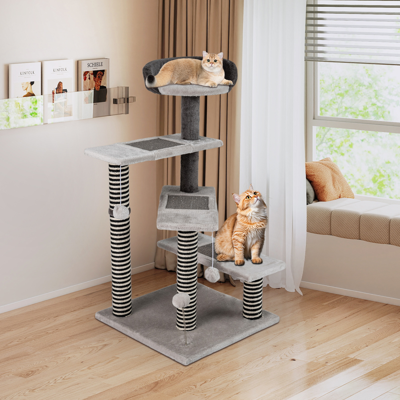 93 Cm Tall Cat Tree Kitten Tower, 5-level Cat Stairs With Sisal & Jute Scratching Posts & Mats, Padded Top Perch, 3 Platforms, Hanging Balls, , Indoor Pet Steps Cat Climbing Activity Center