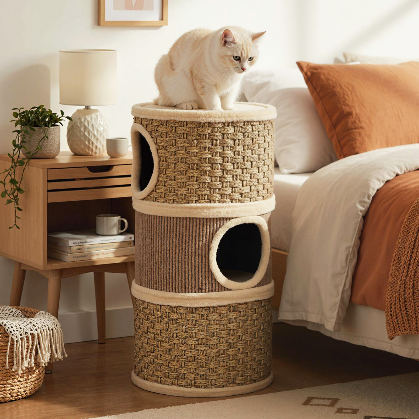 Image of 3-story Cat Condo, 70 Cm Multi-level Cat Hideaway With Sisal Scratching Pad, Napping Plush Bed, -shaped Cat Tree Tower, Modern Pet Playhouse For Indoor Cats