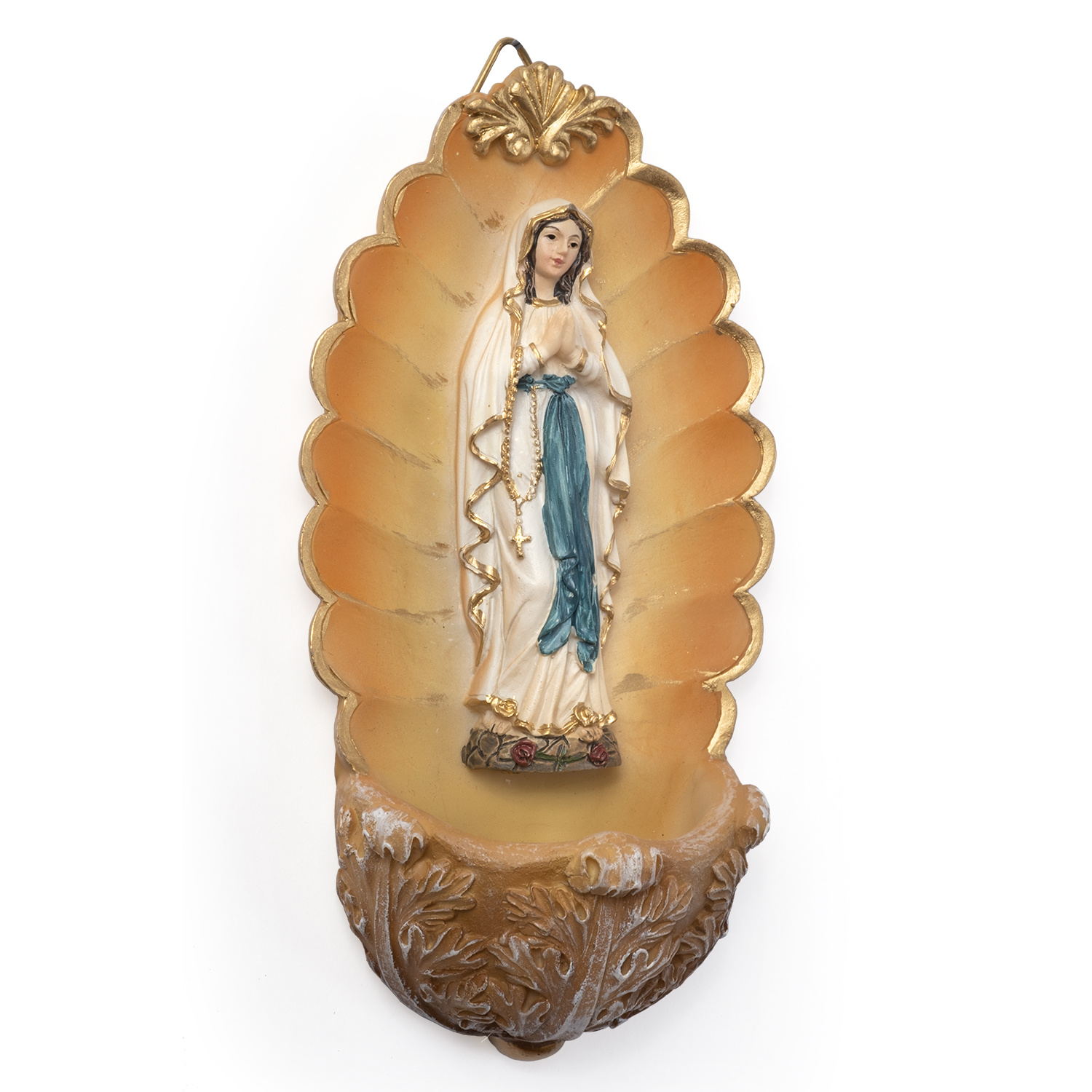 Image of Figurine With Rosary In Shell Baptismal Basin For Wall Mounting - Religious Statue In Polyresin, Detail-painted - Height - Ideal As Wall Decor