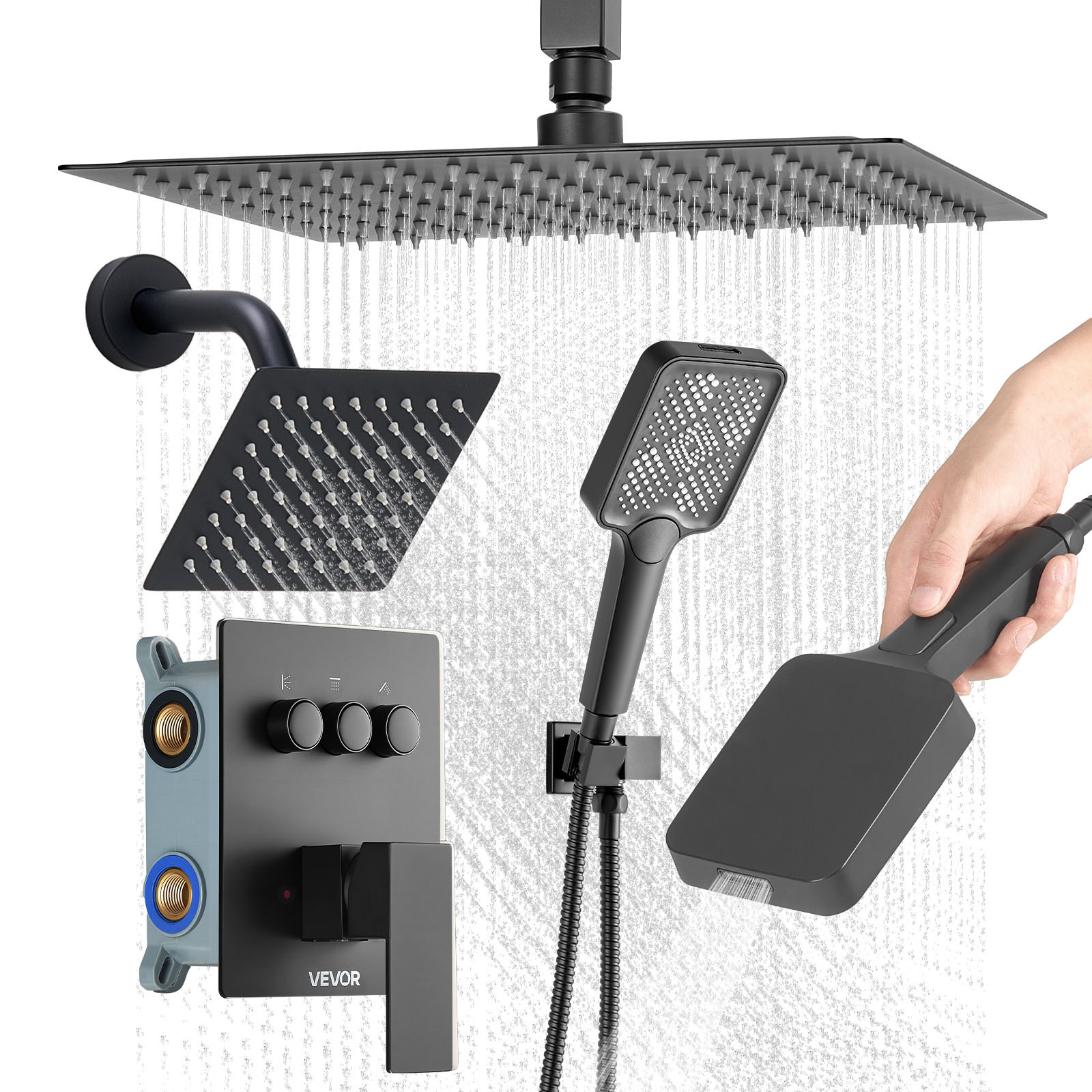 Image of Vevor Shower Faucet Set, 305 Mm Ceiling Mount Shower System With 152 Mount Head And 4 In 1 Handheld Spray, Rotatable 3-function Dual Rain Head Brass Valve And Trim Kit, Matte Black