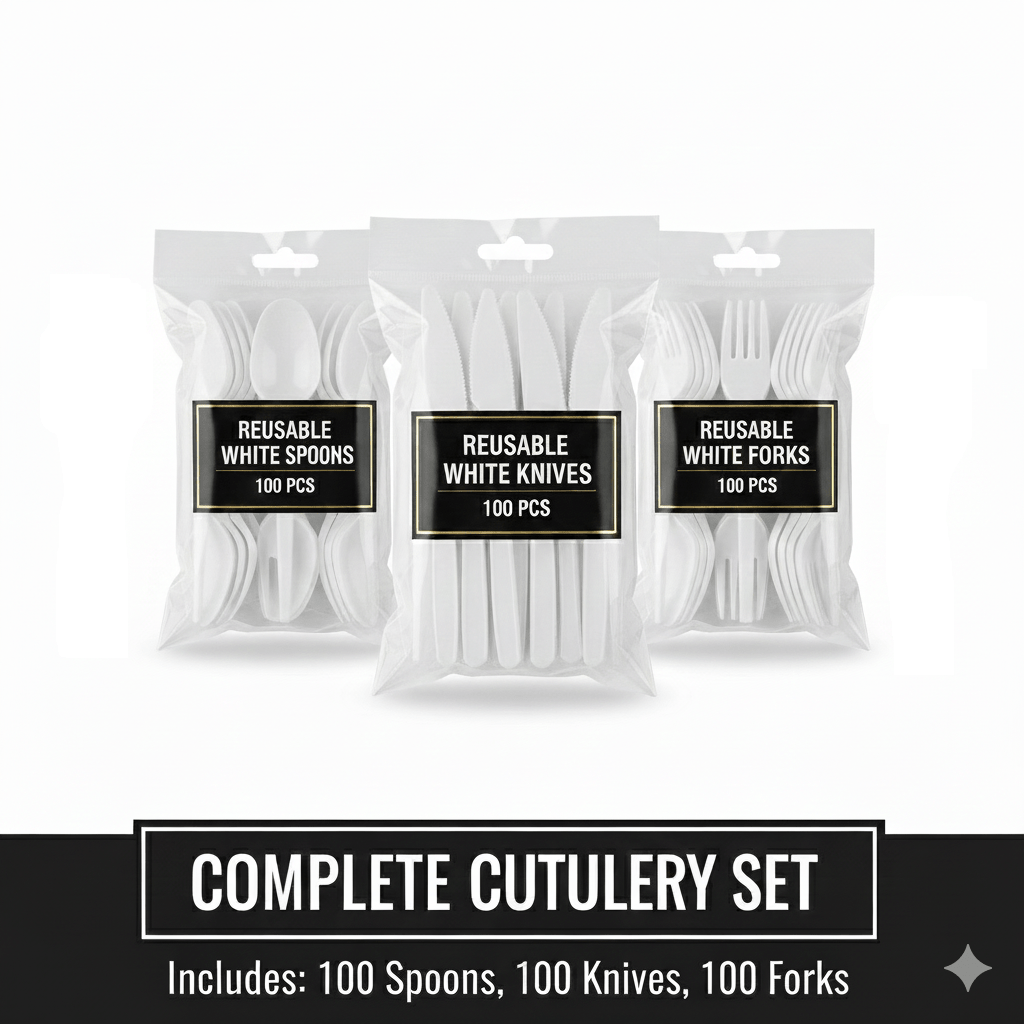 TEMU 300pcs White Reusable Plastic Cutlery Set Pack – Reusable Plastic Silverware, Clear Party Utensils Includes Spoons, Forks & Knives, Durable