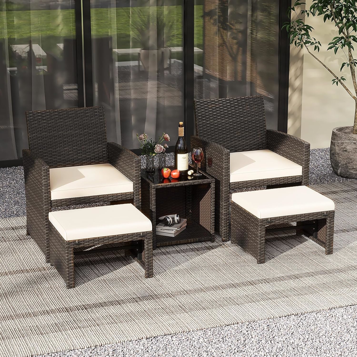 Image of Set Of 5 Rattan Furniture Set, Outdoor Conversation Set With Chair & Ottoman & Tempered Glass Coffee Table, Cushioned Armchair, Good , Perfect For Garden, Backyard, Poolside