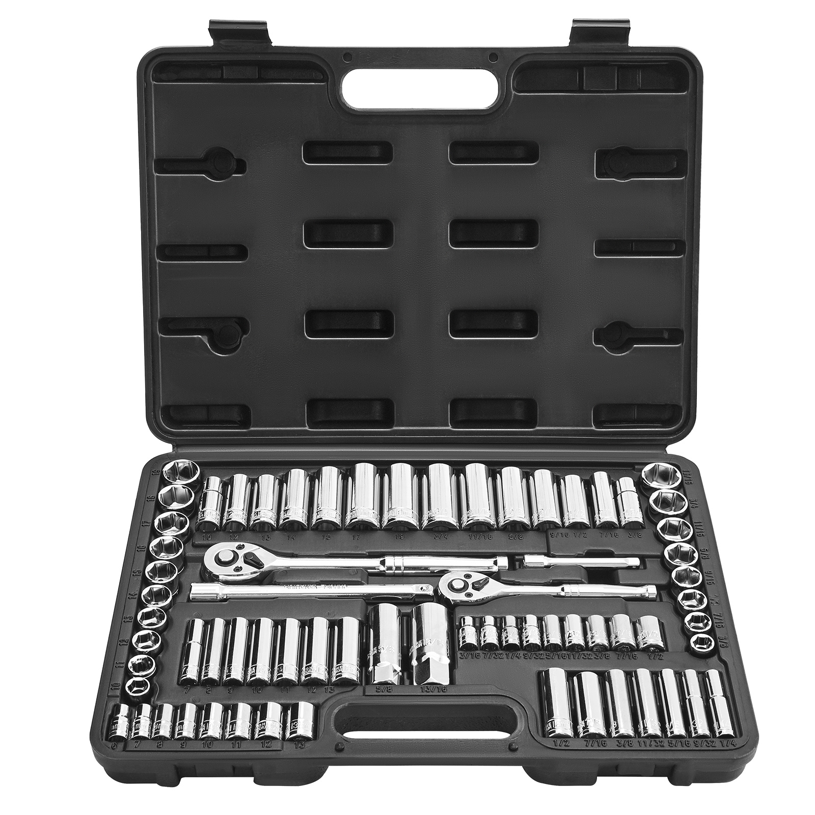 Image of Vevor Socket Set, 69pcs, 9.5 & 6.4 Mm Drive Socket And Ratchet Set, Sae And Metric, Deep And Standard, Mechanic Tool Kit With Accessories And Storage Case, Alloy Steel, For Auto Repair