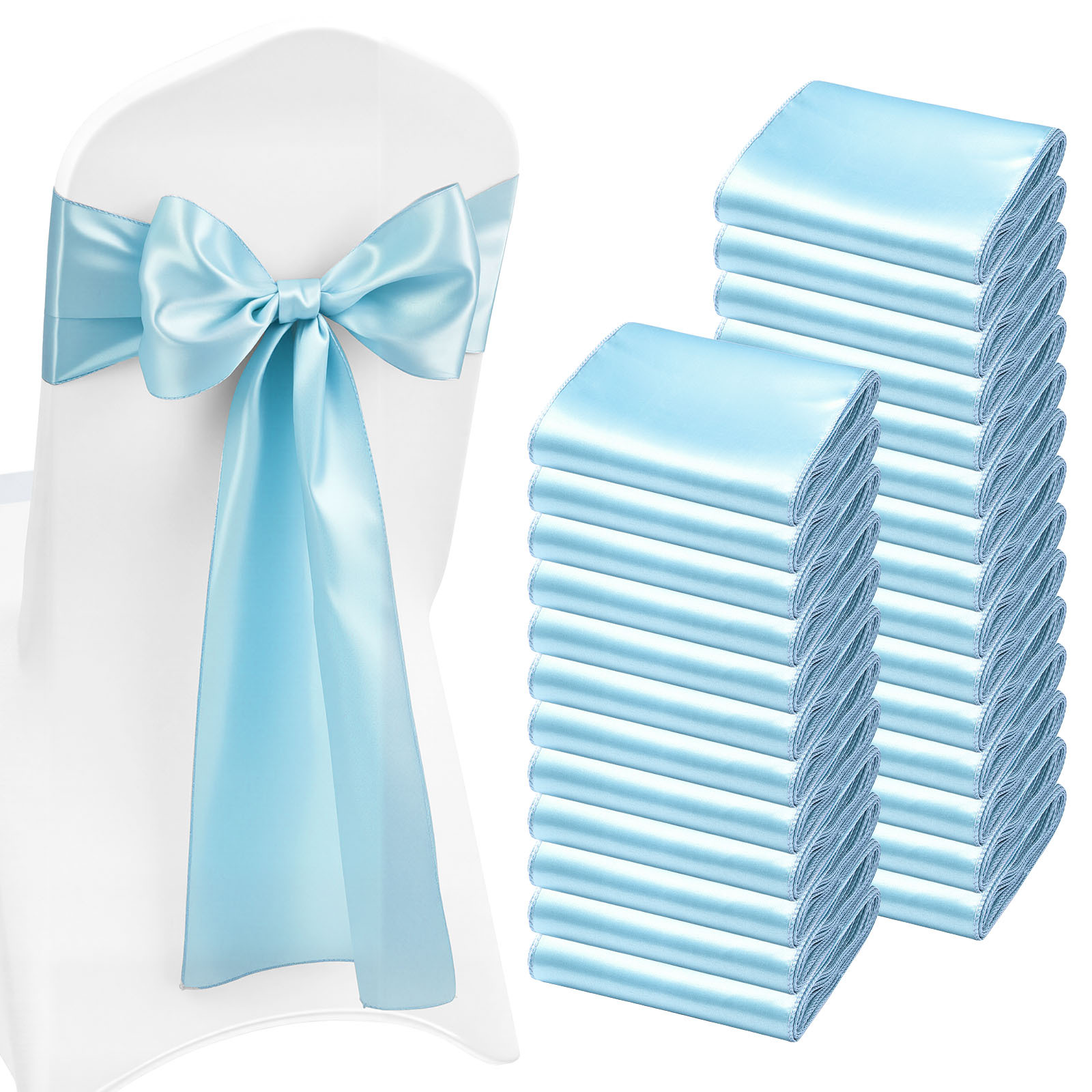 TEMU Vevor Satin Chair Sashes Bows, 100pcs Chair Ribbon Ties Back Sash, 7 X 108 Inch, Light Blue Wedding Reception Decoration, For Wedding Ceremony