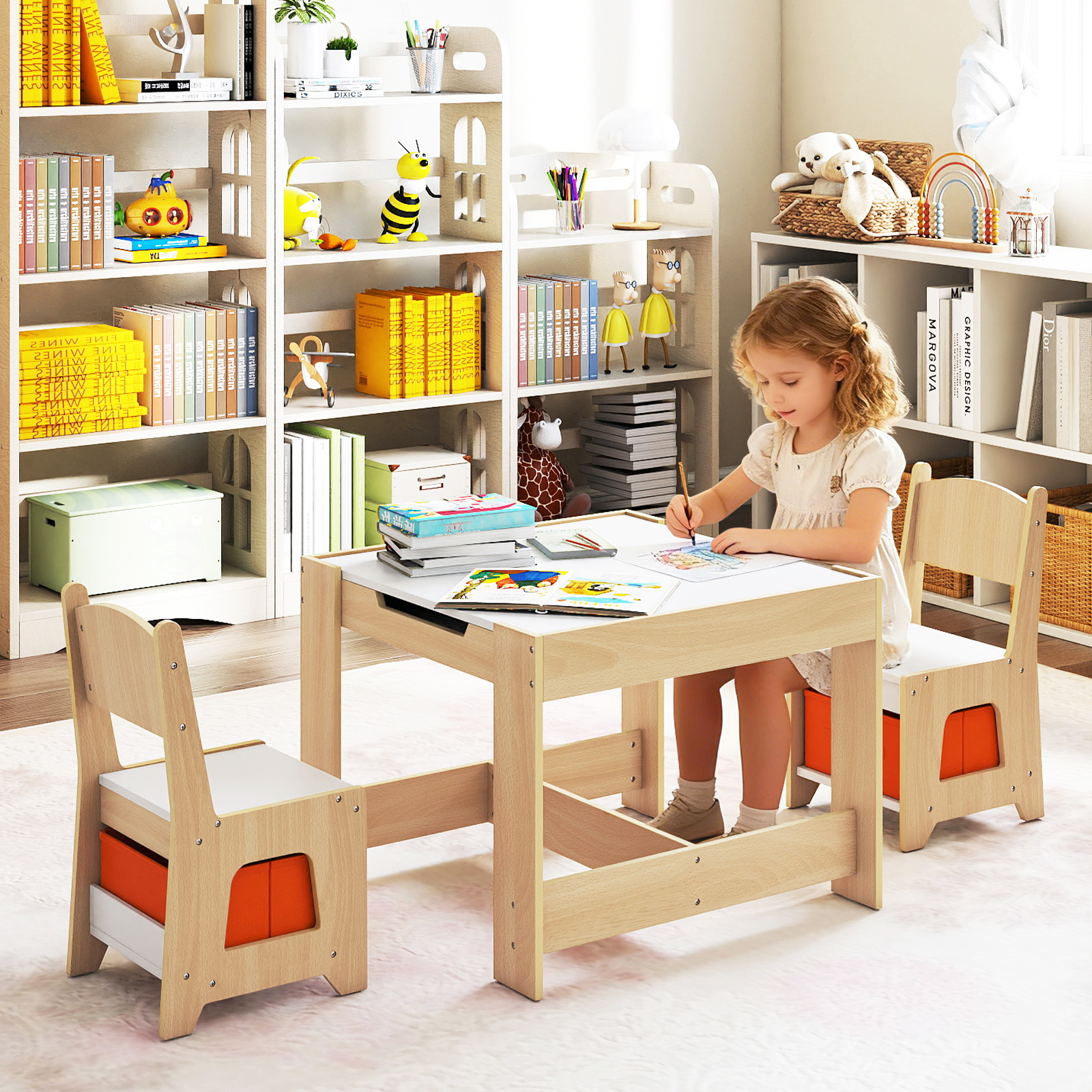 Image of Kids Table And Chairs Set, Wooden Activity Table With 2 Seats, Detachable Dual-sided Tabletop, Fabric Drawers, Toddler Desk And Chair Set For Drawing, Reading, Art Crafts