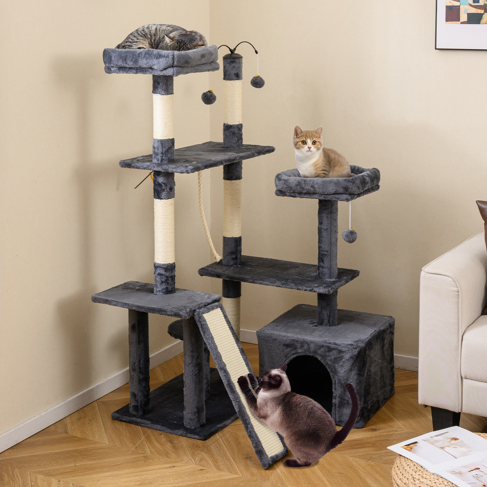 Image of 136 Cm Tall Cat Tree Tower, Multi-level Kitten Play House W/ Sisal Scratching Posts, Ramp, 2 Padded Perches, Large Condo, Dangling Balls, Hanging Rope, Multi-level Climbing Stand For Adult Cat Kitten