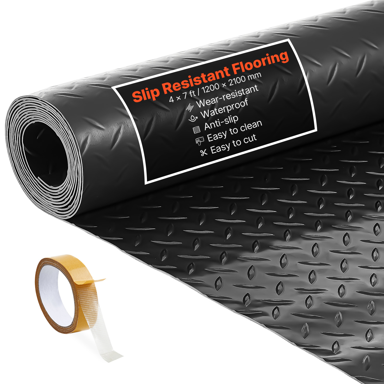 Image of Vevor Garage Floor Roll, 1.. Garage Flooring Mat, 2.2 Mm Thickened Pvc Diamond Plate Floor Protector Mat With Double-sided Tape, Non-slip, Easy To Clean For Warehouse, Gyms, Trailer, Black