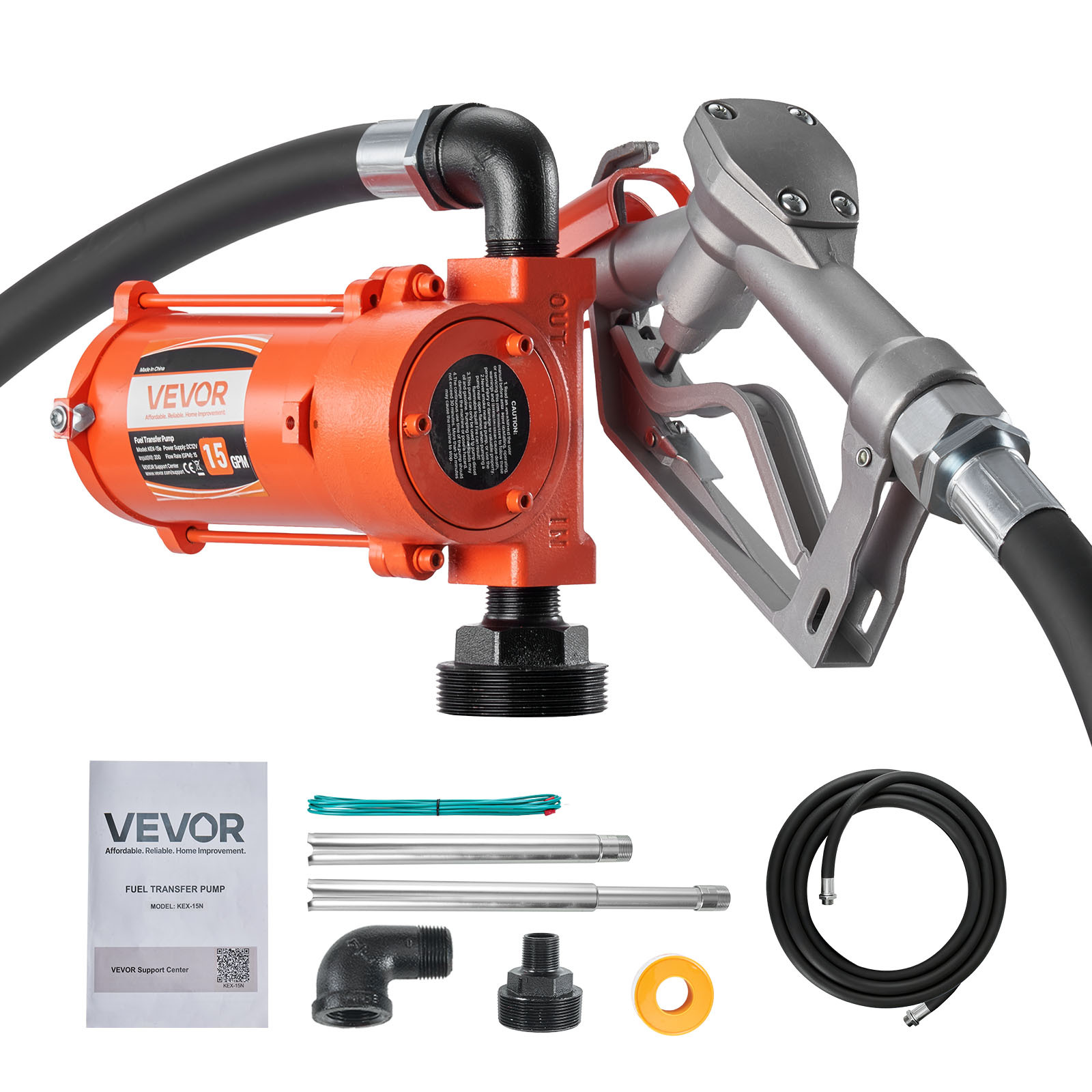 Image of Vevor Fuel Transfer Pump, 12v 57 L/min, Cast Iron Transfer Pump Kit, With Manual Nozzle, Hose, Protection, Power Cable, For Gasoline, , Kerosene