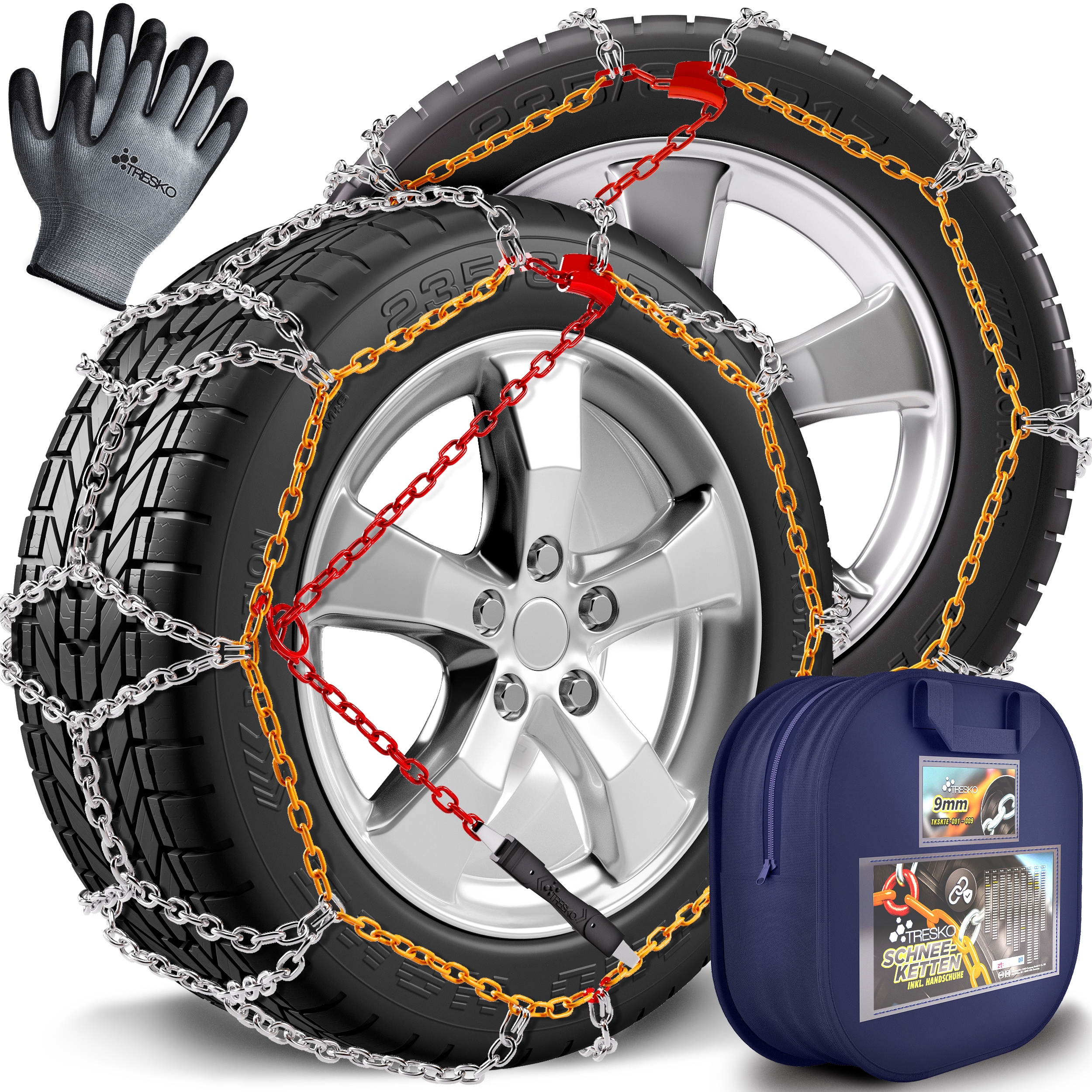 Image of Tresko® 2x Car Snow Chains With Gloves And Storage Box | Metal Vehicle Tire Chains -release Tensioner | Snow Chain En 16662-1 & Önorm V5117 | Quick Installation | For Front, Rear, All-wheel Drive