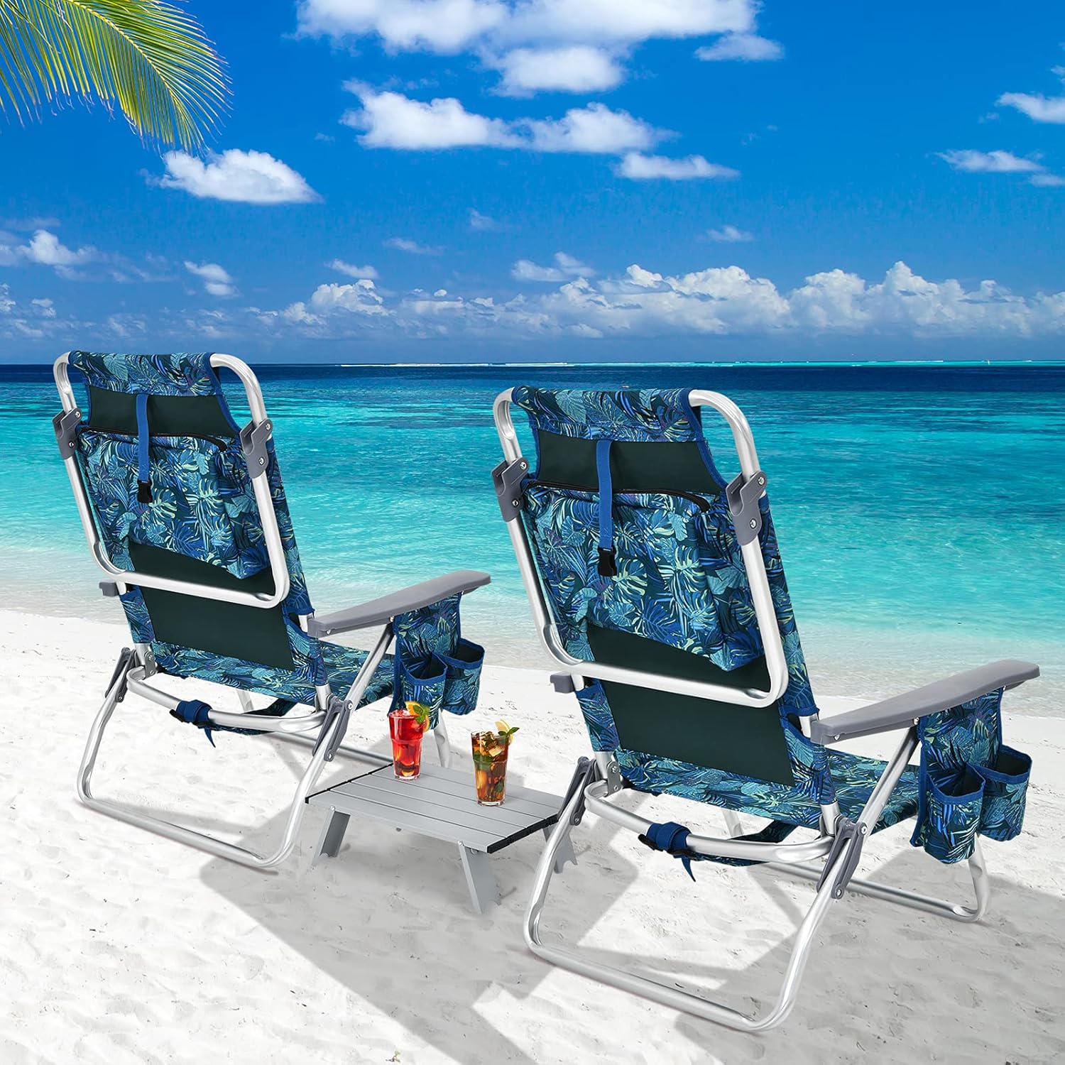 3pcs Outdoor Bench Chair Set, Camping Chair W/5 Adjustable , Aluminum Table, Portable Beach Chair And Table Set For Bench, Backyard, Poolside