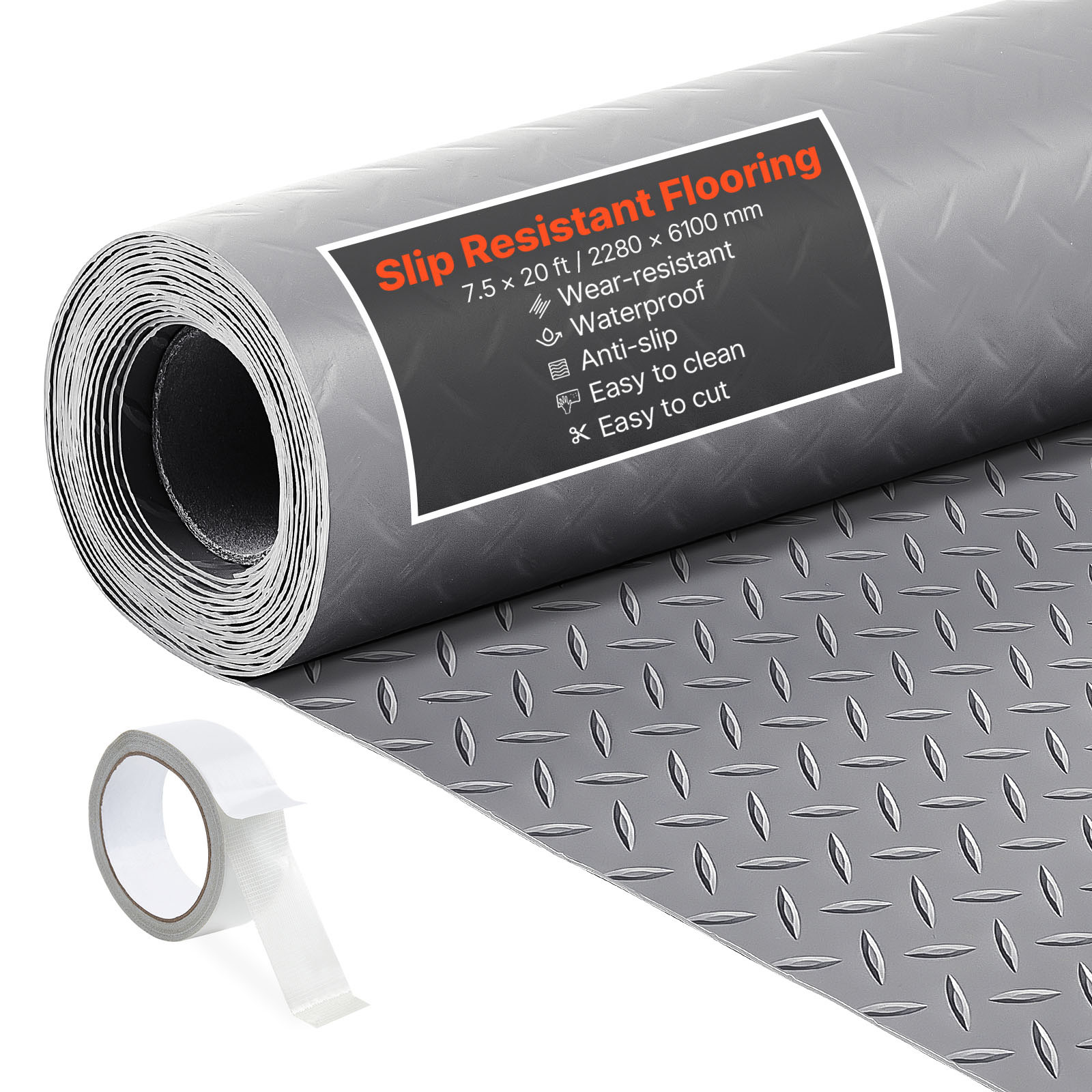 Image of Vevor Garage Floor Roll, 2.28 X 6.1 Flooring Mat, 2.2 Mm Thickened Pvc Diamond Plate Floor Protector Mat With Double-sided Tape, Non-slip, Easy To Clean For Warehouse, Gyms, Silver Gray