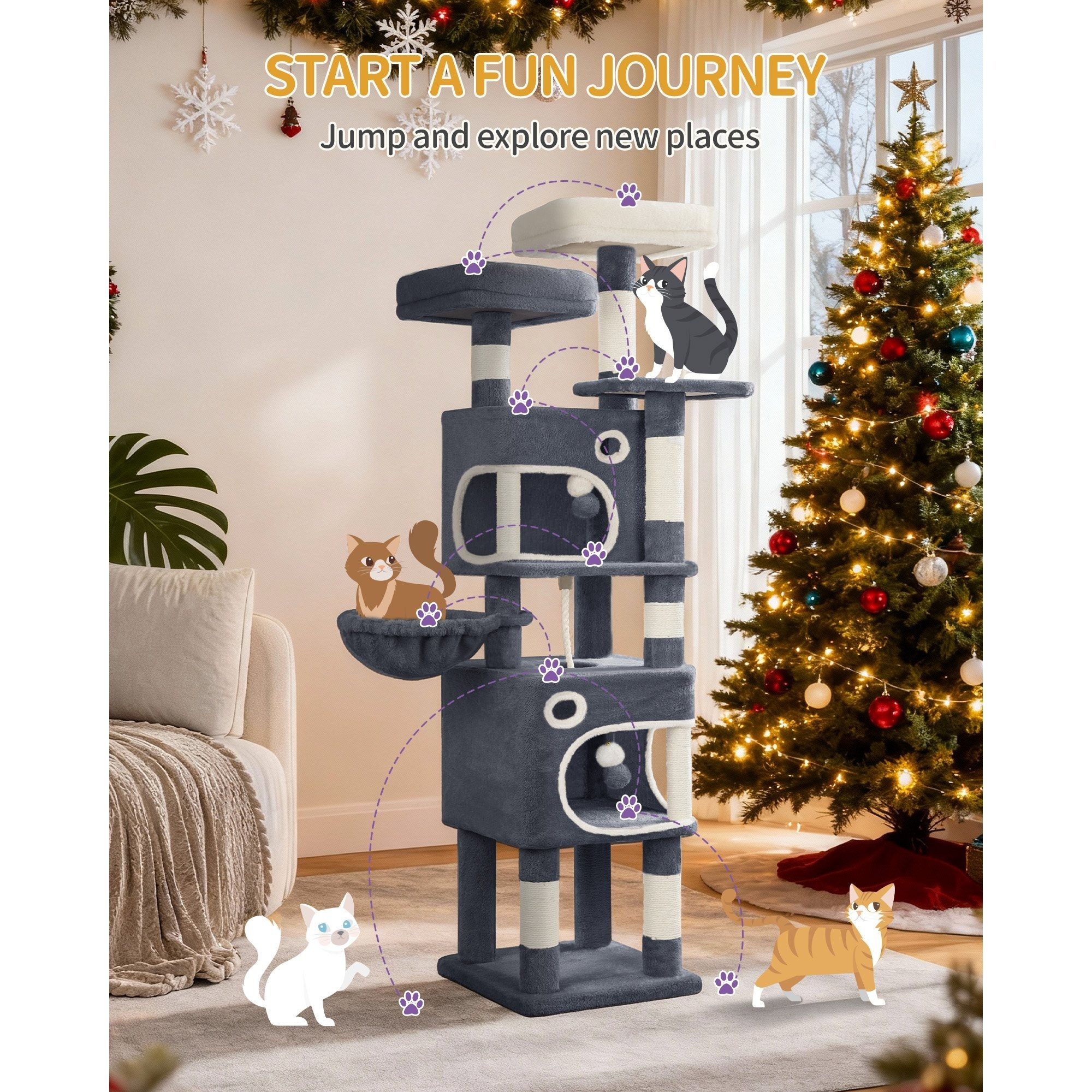 Scratching Tree, 159 Cm Cat Tree With 8 Scratching Posts, 3 Platforms, 2 Caves, Basket, Plush Balls, Sisal Rope, Suitable For Cats Of Different Sizes.