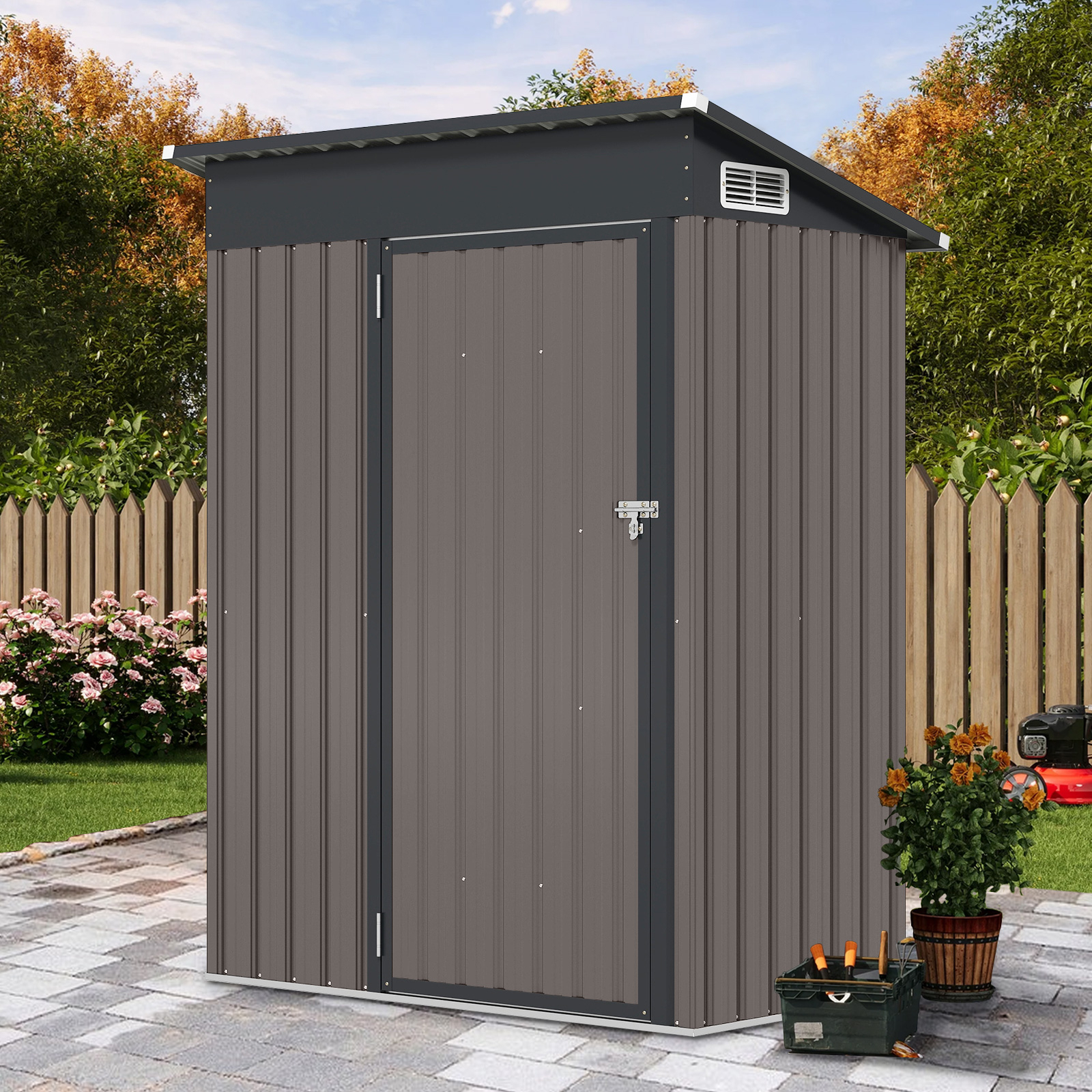 Image of Metal Garden Shed For Tools With Roof, 150 X 88 X 185 Cm, Outdoor Garden Shed With Air Vent
