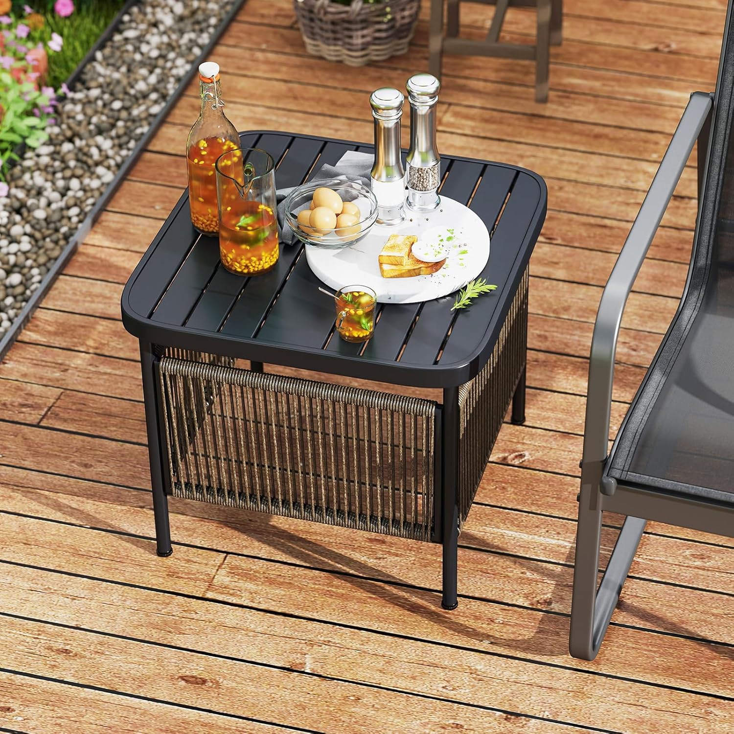Outdoor Side Table, 2-tier Coffee End Table With 1.57" Umbrella Hole, Heavy-duty Metal Bistro Umbrella Stand