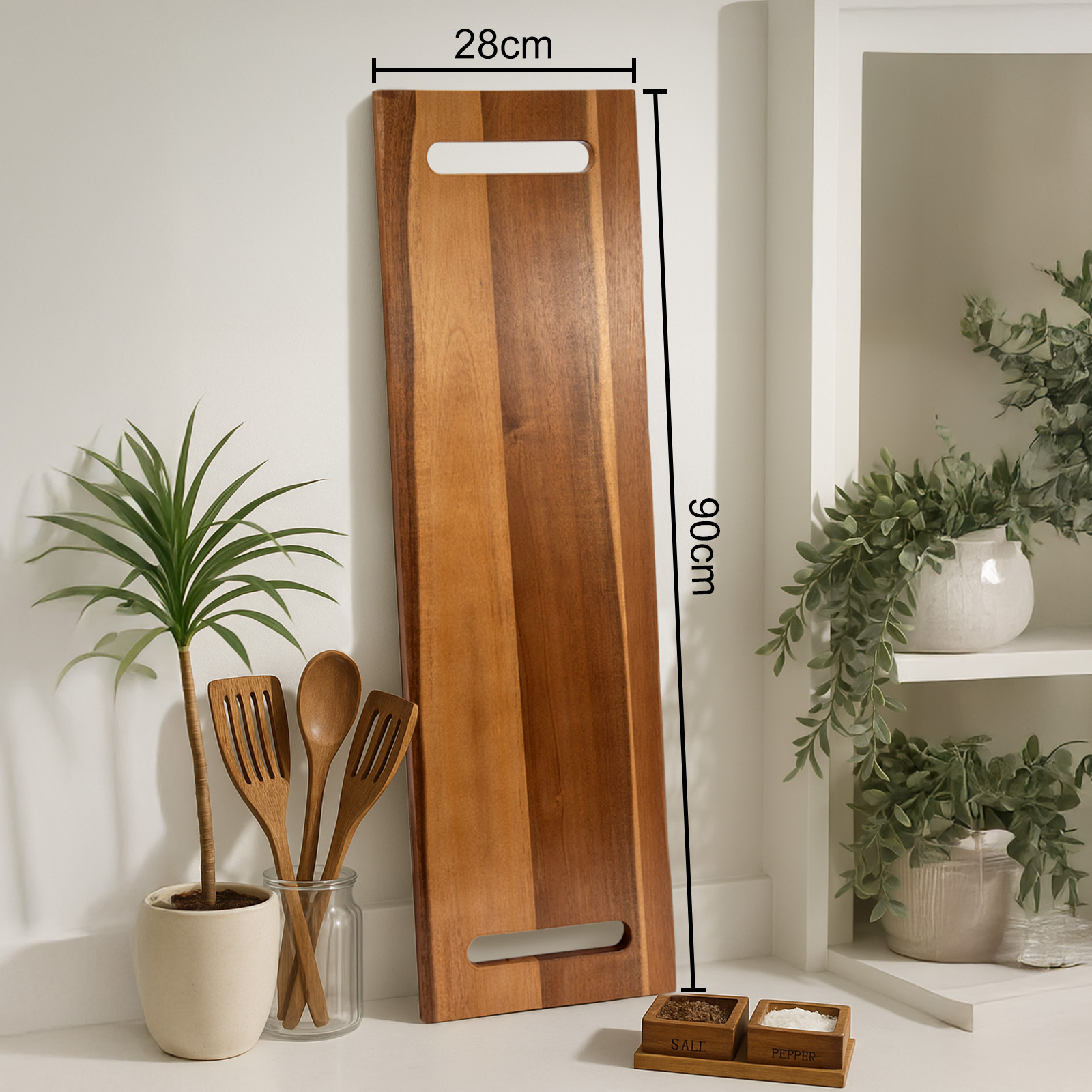 Large Rectangular Wooden Serving Platter with Handles - High-Quality Recycled Wood Charcuterie Board & Cutting Board for Cheese, Meats, Appetizers - Holiday Party Serving Tray for Halloween, Christmas, Thanksgiving, Mother'S Day, Father'S Day, Natural Wood Finish, Durable Wood Construction