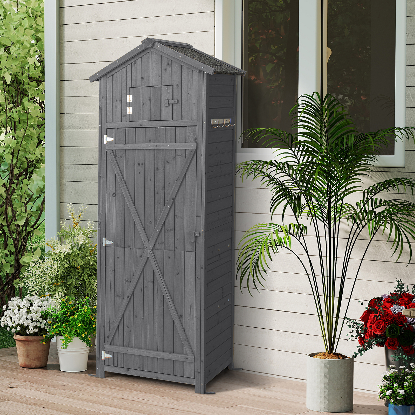 Image of Garden Shelter In Pine Wood With Asphalt Roof, 75 X 50 X 180.5 Cm, Outdoor Garden Cabin With Lockable Door