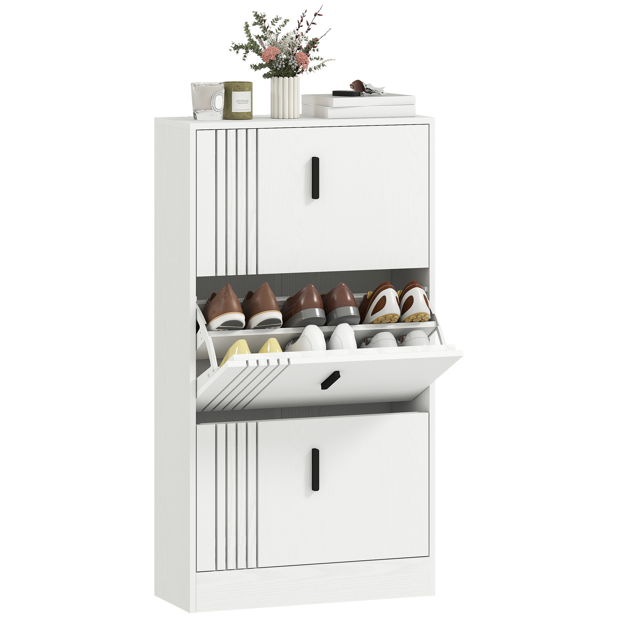 TEMU HOMCOM Meuble à chaussures à 3 abattants, 18 paires, armoire à chaussures 3 compartiments, grande pour entrée, couloir, salon, 63 x 24 x 117 cm,