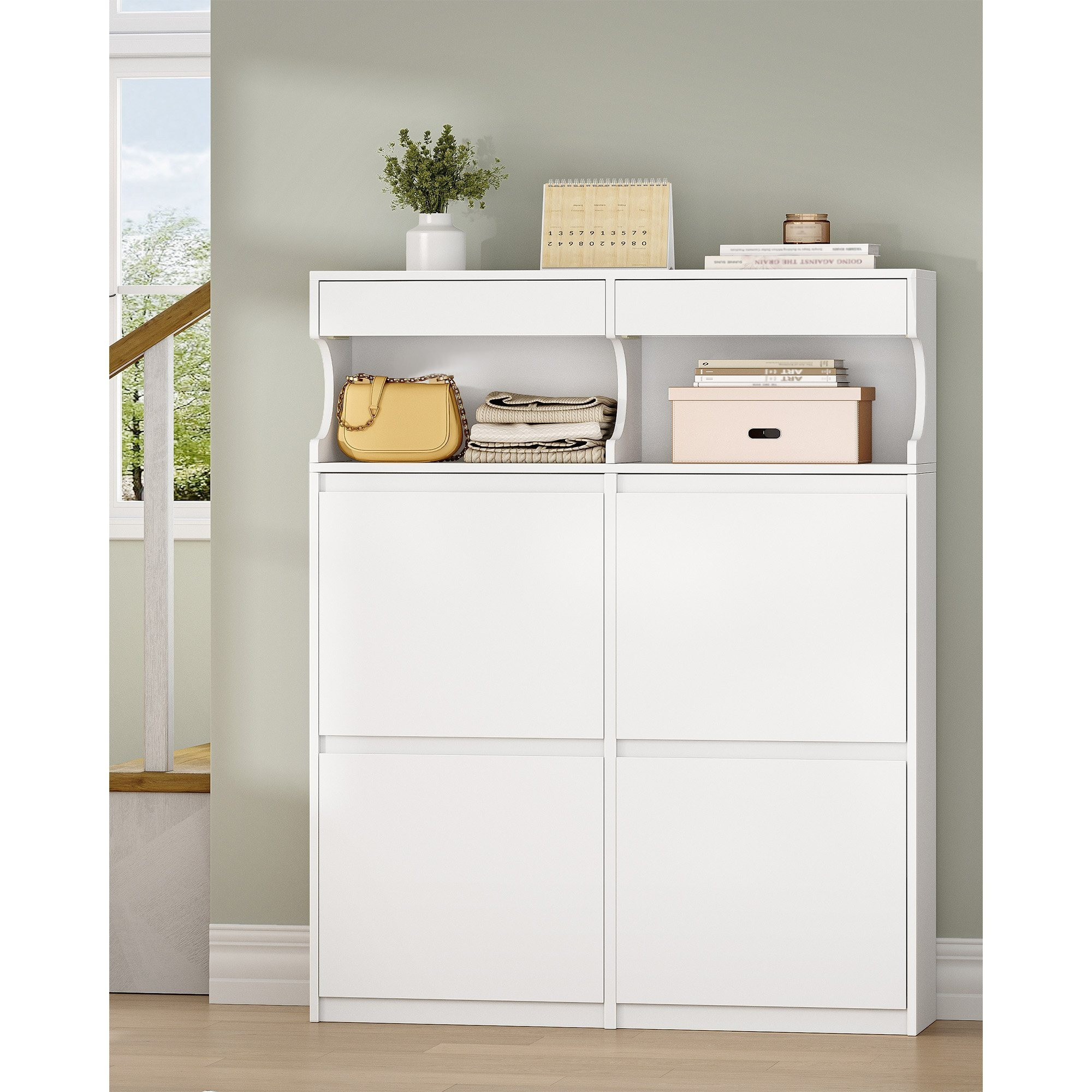Image of Shoe Rack, Shoe Shelf, Shoe , Narrow, Adjustable, Shoe Cabinet For Entrance, Hallway, Wardrobe, 20 Pairs, 4 Flaps (100b Cm), White