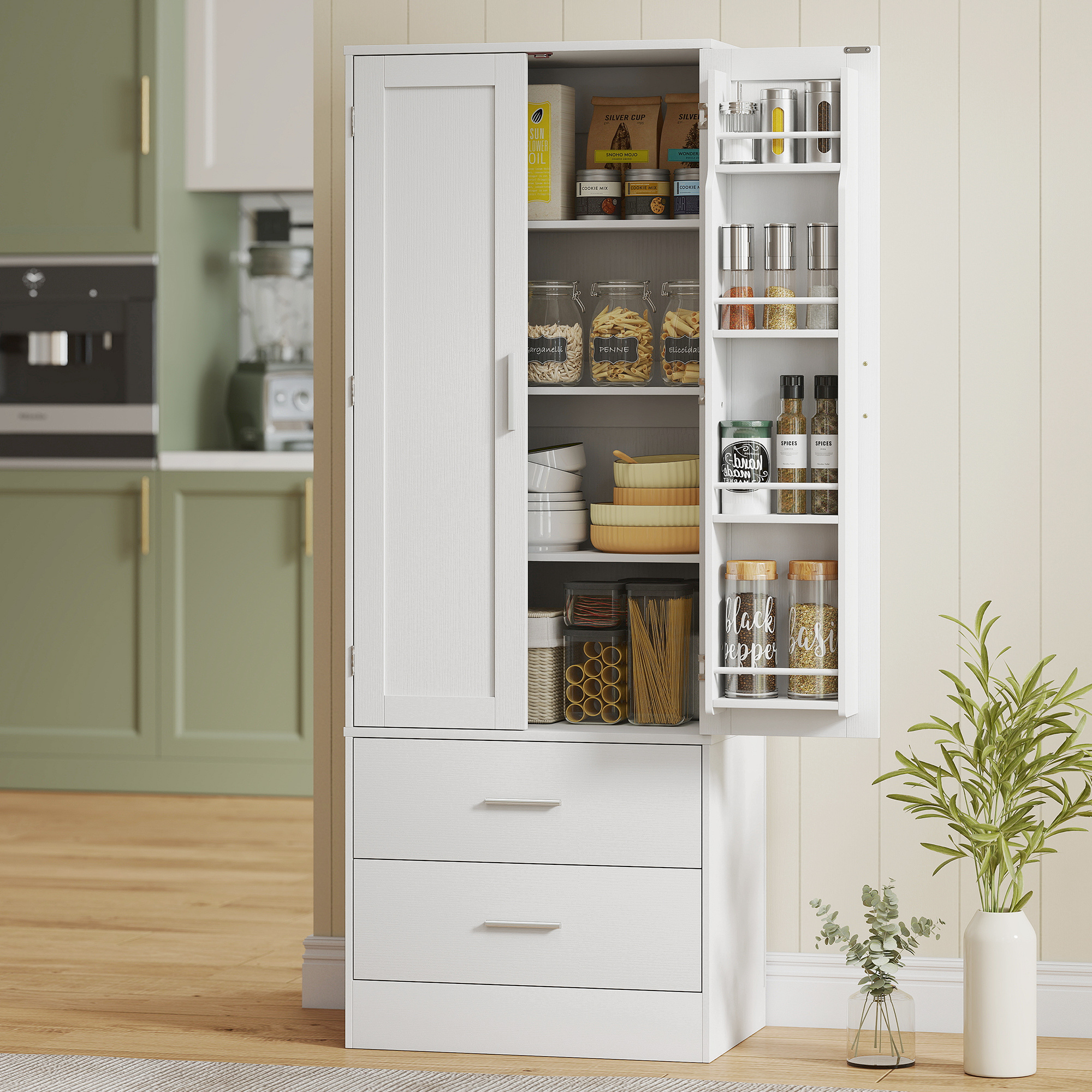 Kitchen Cabinet Buffet Cabinet With 2 Doors, 8 Door Shelves, 2 Drawers Tall Cabinet With Adjustable Shelves, Cabinet For Living Room, White, 60 X 40 X 159 Cm