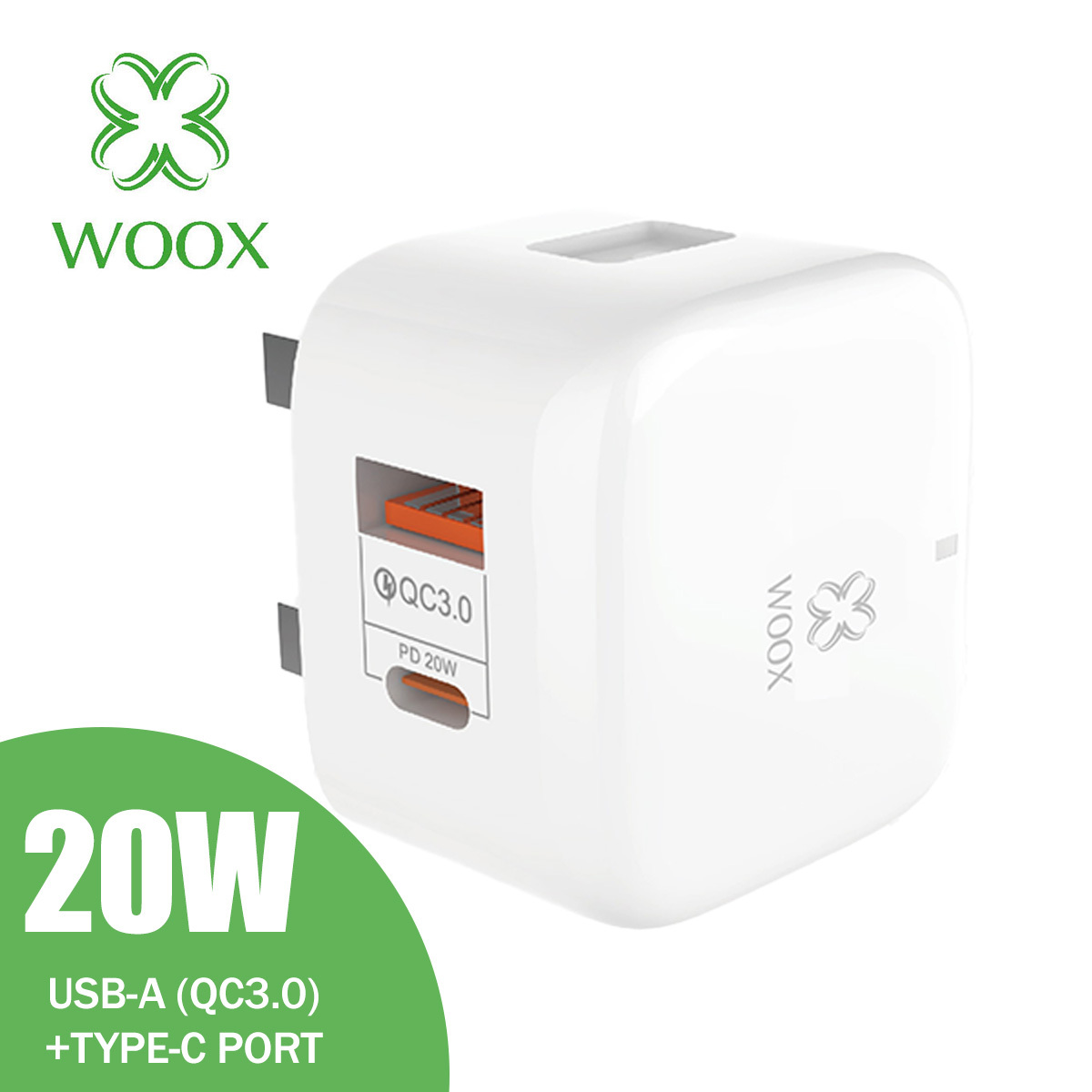 TEMU Woox Uk Wall Charger Plug, Gan Technology, 20w Fast Charging, With Pd Type-c & Qc3.0 Usb-a Ports, 3a Max, Compact -pin Plug, For Smartphone &