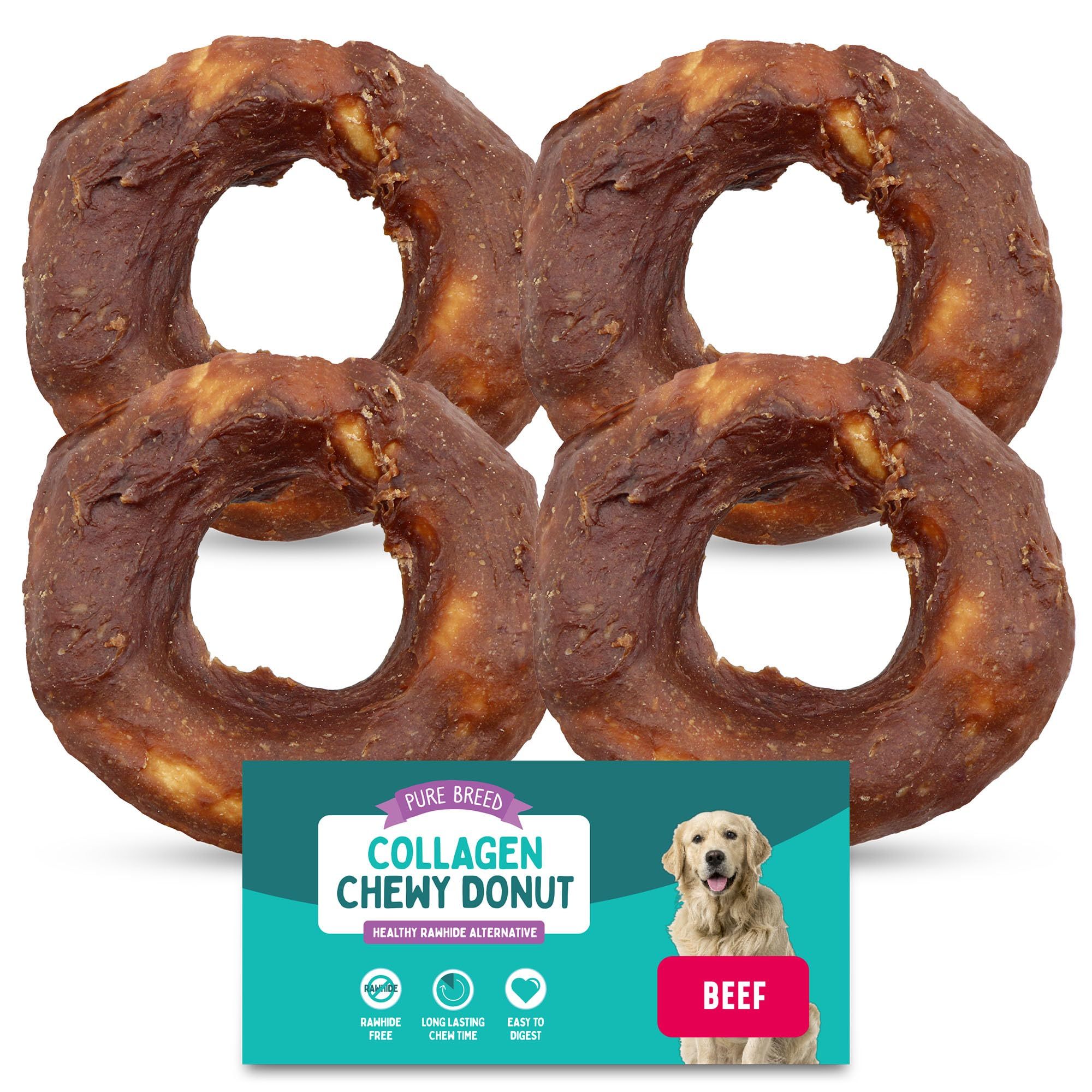 TEMU Pure Breed 4pk Collagen Donut Dog Treats | Beef Flavour Long Lasting Dog Chews | Training Snacks For Small To Medium Dogs | Protein-rich