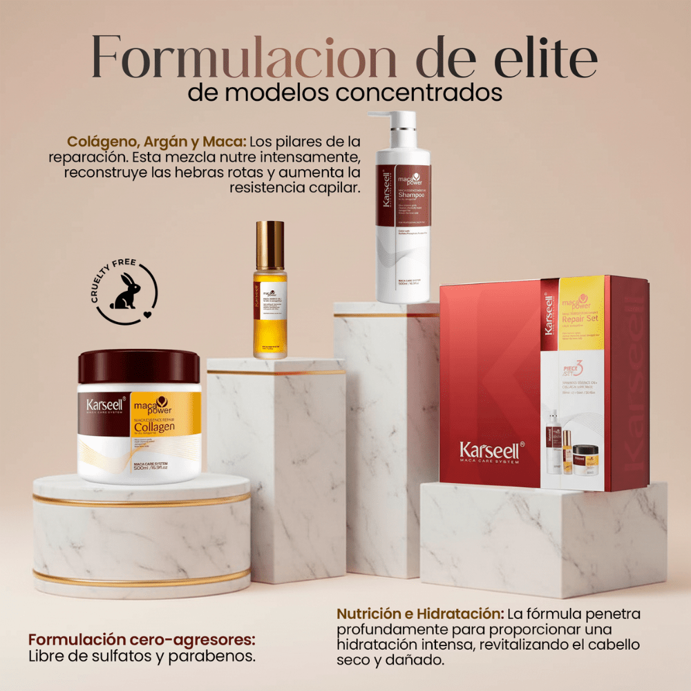 MACA CARE SYSTEM Profesionalna Kolagen Maska za Kosu Paket 500ml + Arganov Serum 50ml + Hidratantni Šampon 500ml Kompletna Hranjiva Regenerativna Hidratantna Sjajna Glatkoća Protiv Kovrčavosti Jačanje Intenzivna Njega za Suhu Oštećenu Beživotnu Kosu Veća Fleksibilnost Veća Upravljanost Napredna Rutina Njega Kose Premium Kutija Idealno za Poklon Vidljivi Rezultati od Prve Upotrebe.