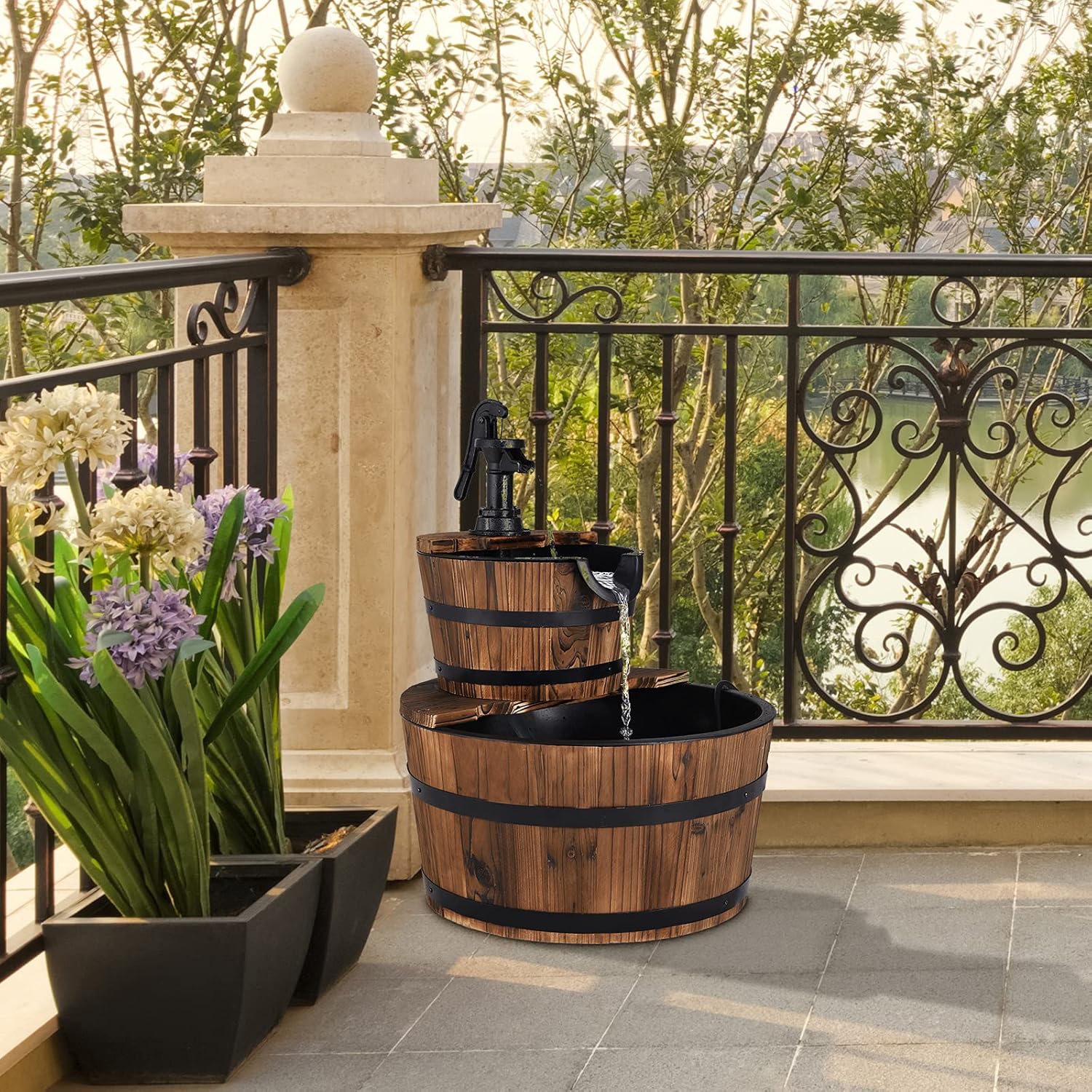 2 Layer Carbonized Fountain, Adjustable Water Flow, Outdoor Fountain With Decorative Hand Pump