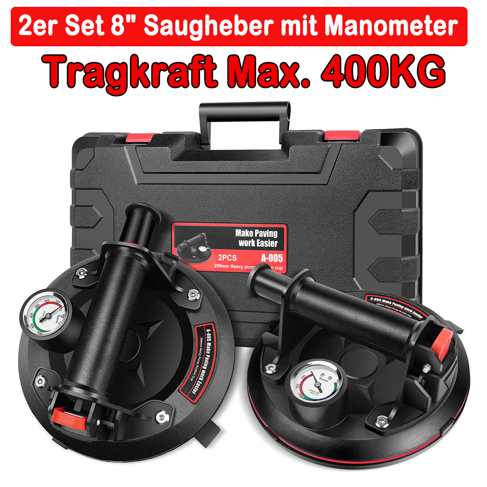 E-shop 2er-Set 8" Saugheber mit Manometer, Glassauger Tragkraft Max.400KG, Vakuum Fliesenheber mit Tragbarer Werkzeugkasten, für Glas, Fliesen, Marmor