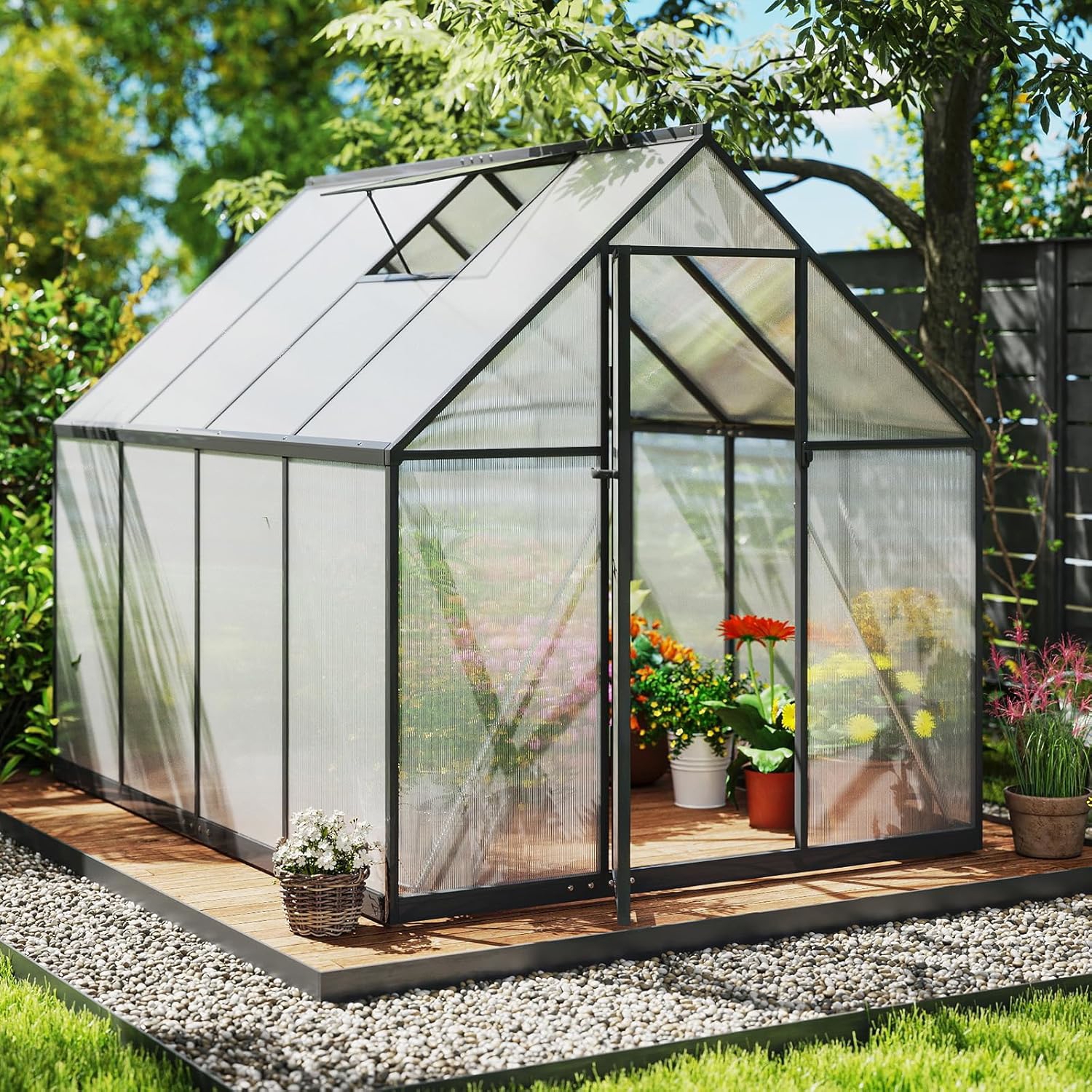 Image of Greenhouse With Foundation, Weatherproof Aluminium Greenhouse With Adjustable Roof Window And Door