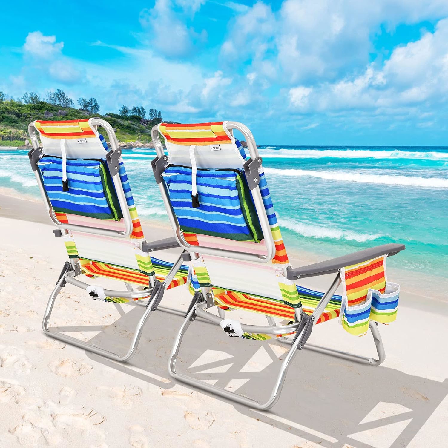 3 Pcs Beach Chair And Table Set, Outdoor Reclining Chairs With Roll Up Camping Table