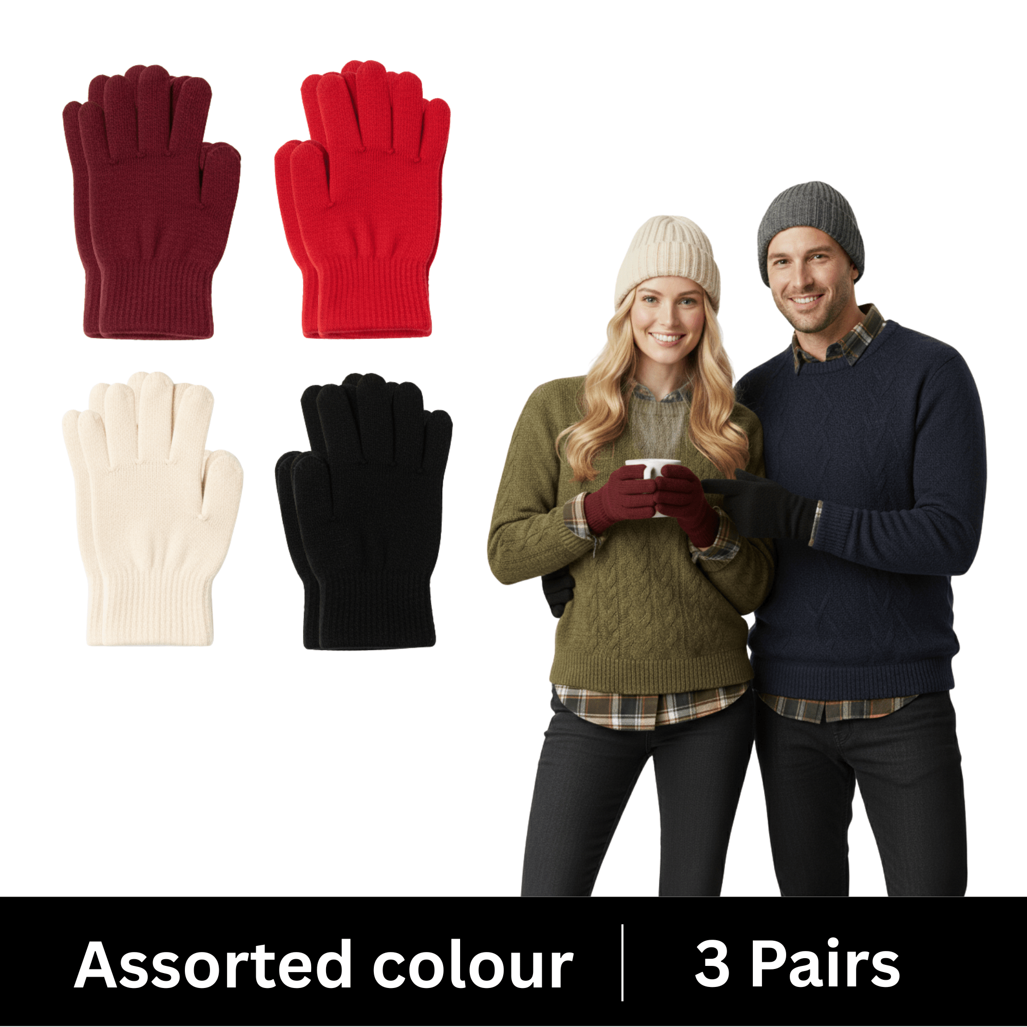 Adult Winter Warm Gloves, Assorted Solid Colour Stretch Knit Gloves