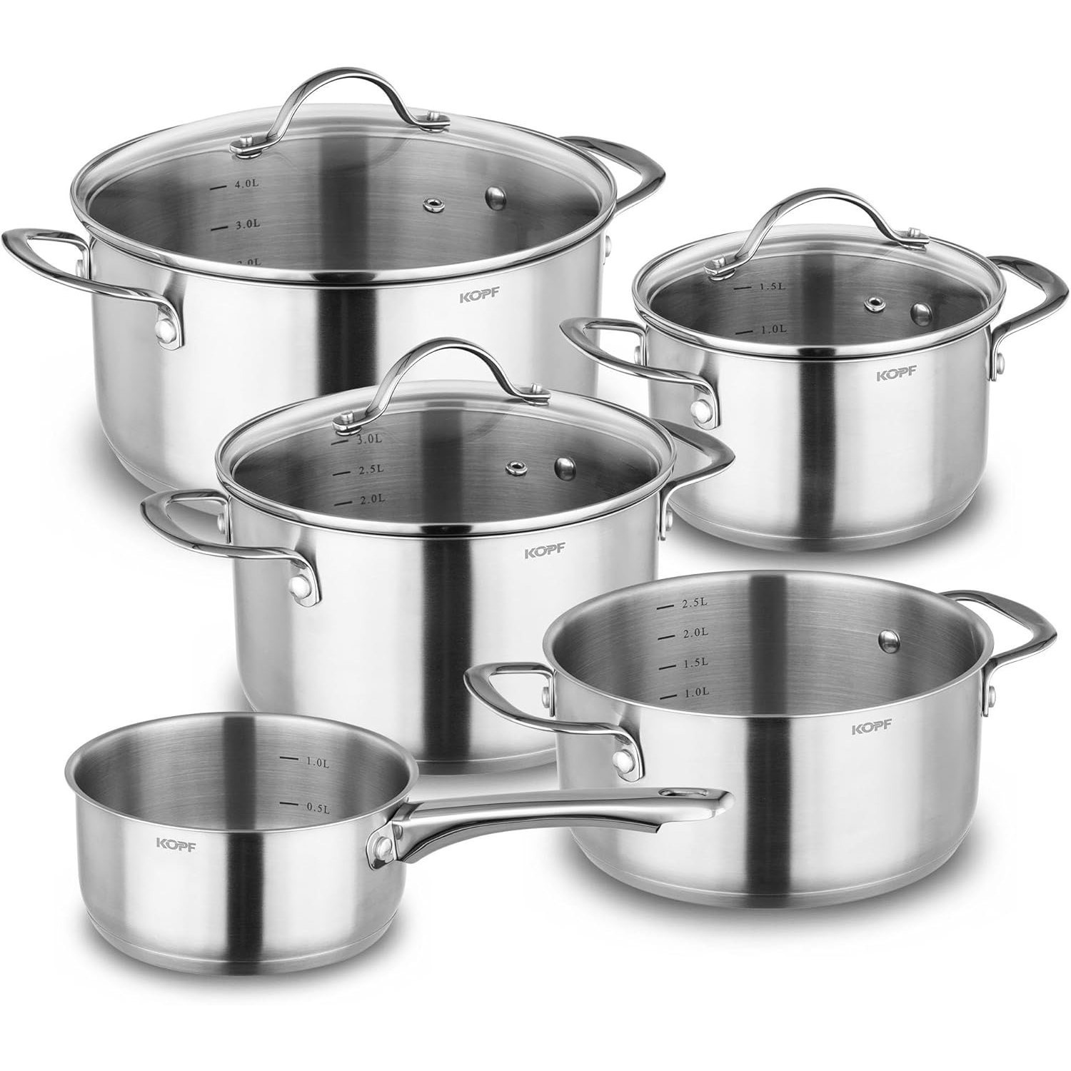 E-shop KOPF Topfset Induktion 8-teilig | Backofen & Spülmaschinen geeignet | Kochtopf-Set für alle Herdarten | 4 Töpfe, 1 Stielkasserolle, 3 Glasdeckel