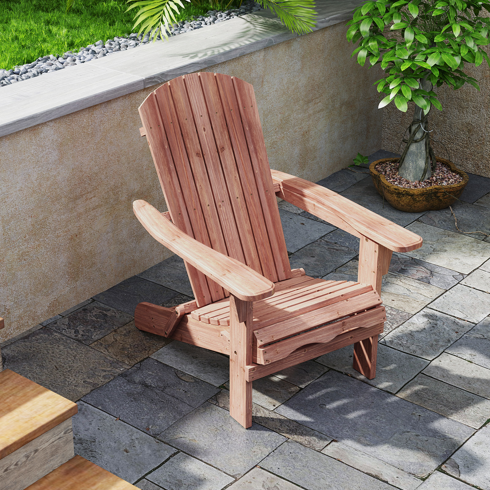 Adirondack Chair, Foldable Lounge Chair With Solid Wood Frame, Curved Backrest And Wide Armrests