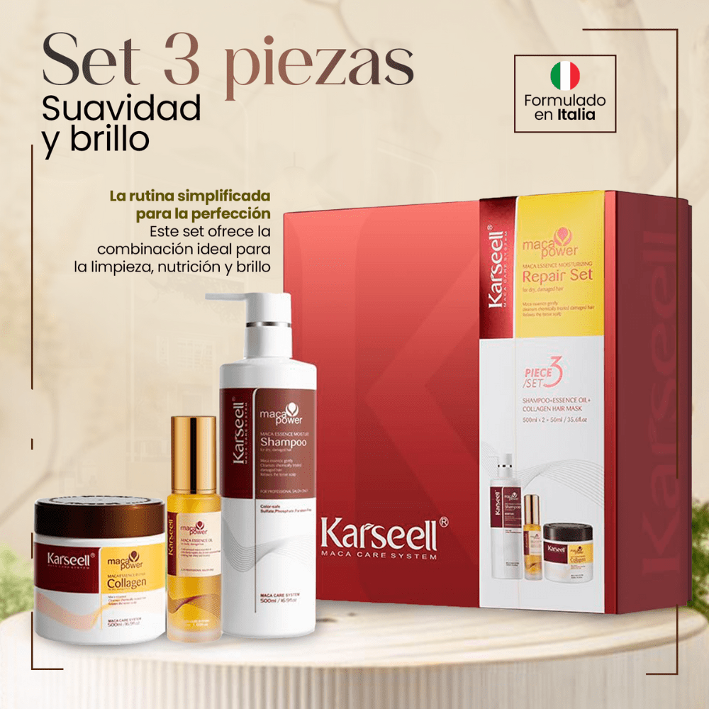 MACA CARE SYSTEM Profesionalna Kolagen Maska za Kosu Paket 500ml + Arganov Serum 50ml + Hidratantni Šampon 500ml Kompletna Hranjiva Regenerativna Hidratantna Sjajna Glatkoća Protiv Kovrčavosti Jačanje Intenzivna Njega za Suhu Oštećenu Beživotnu Kosu Veća Fleksibilnost Veća Upravljanost Napredna Rutina Njega Kose Premium Kutija Idealno za Poklon Vidljivi Rezultati od Prve Upotrebe.