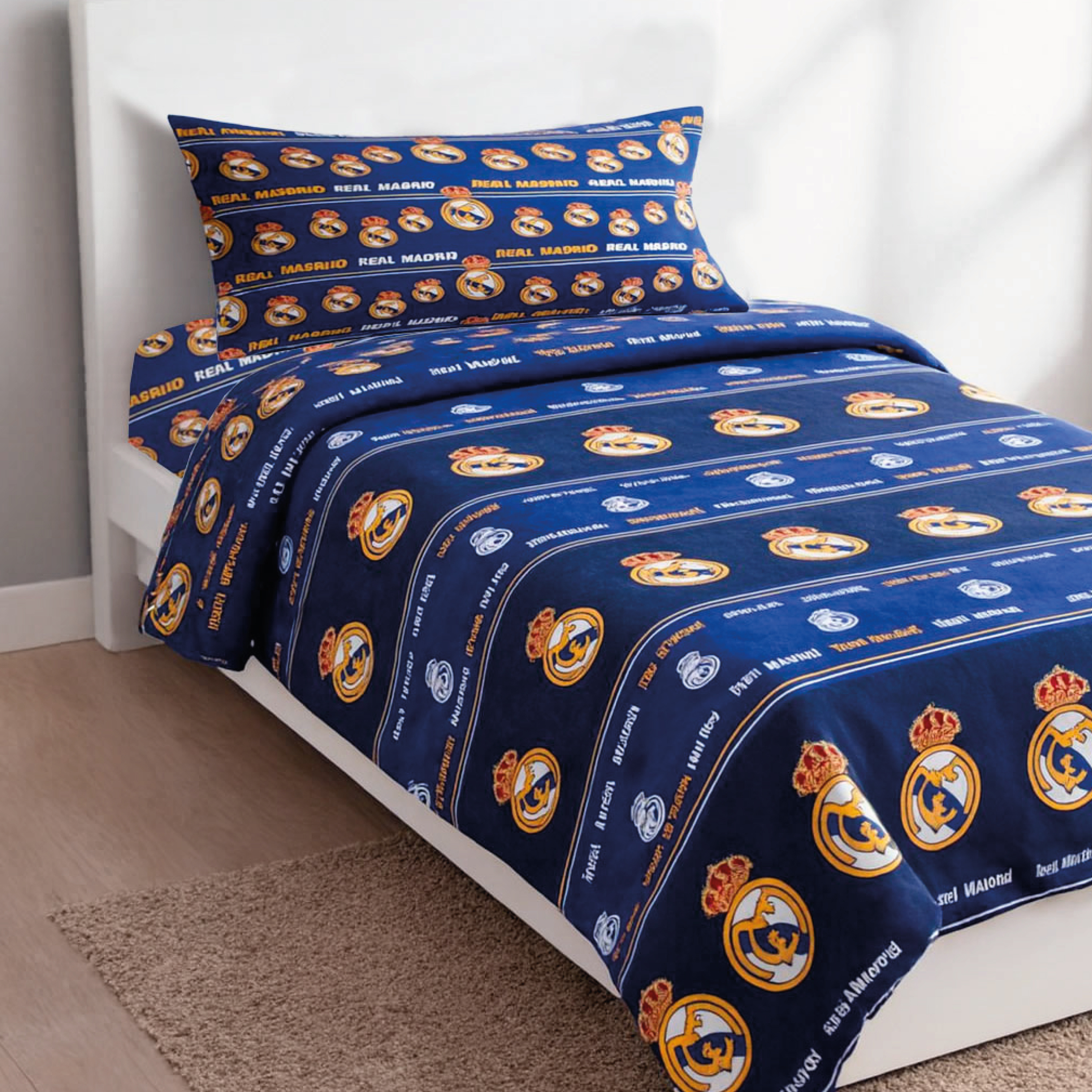 TEMU Juego de Sábanas Real Madrid 90 - 105 Cm, 3 Piezas (1 Sábana Encimera, 1 de Almohada y 1 Sábana Bajera), Diseño con Madrid Azul Aterciopelado 2