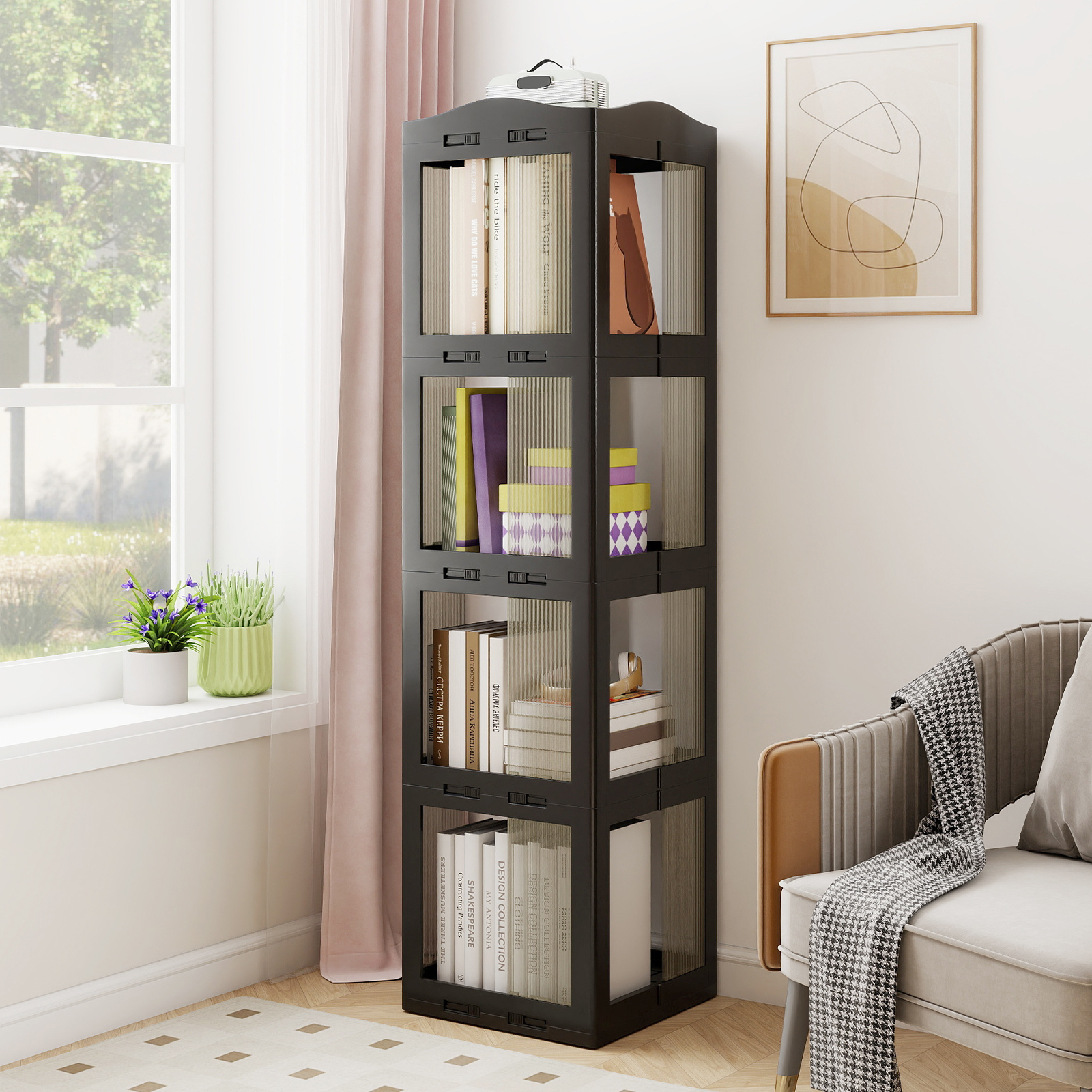 Foldable Rotating Bookshelf, 360° Spinning Bookcase W/ Swivel Base, 3-tier Revolving Bookshelf Tower, Tall Corner Display Shelf, Translucent Storage Organizer For Living Room, Study, Black