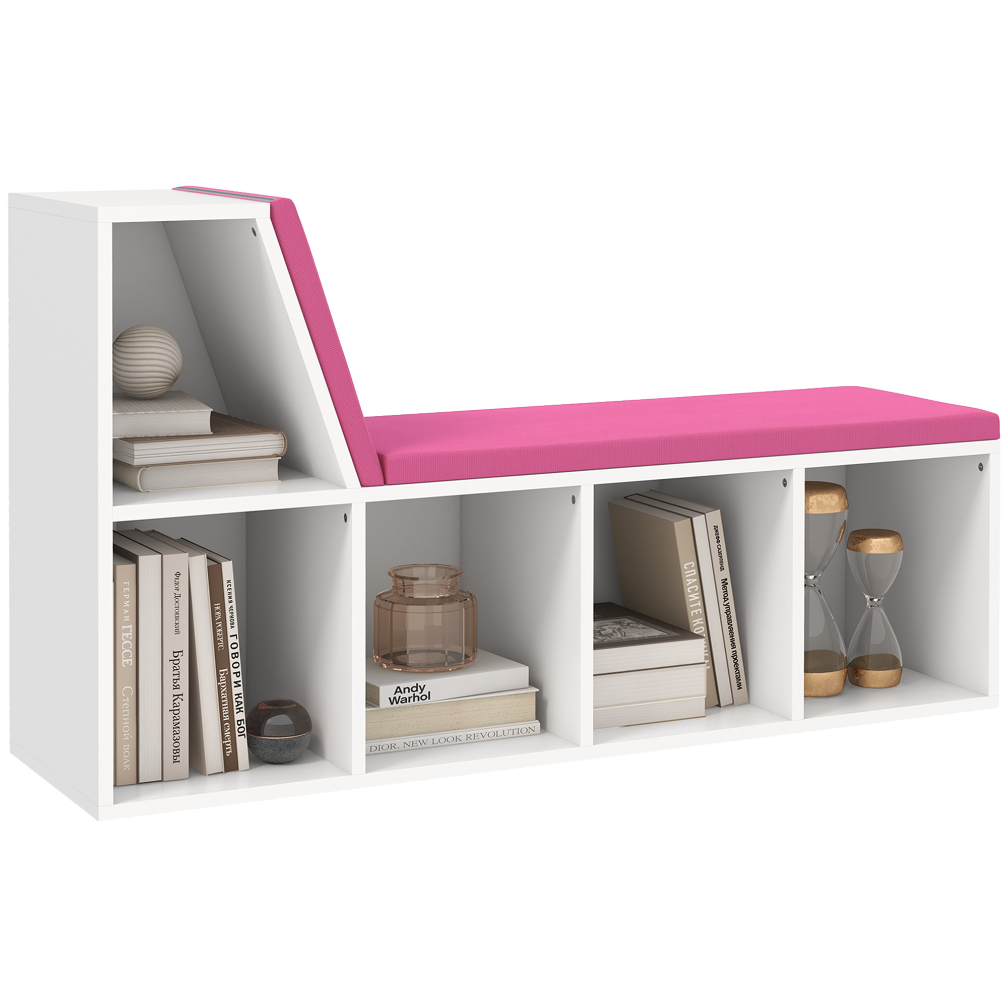 Homcom 2-in-1 Bench Bookshelf With 5 Storage Compartments And 2 Cushions, Book Storage Shelf, 108 X 30 X 60 Cm, White Rose