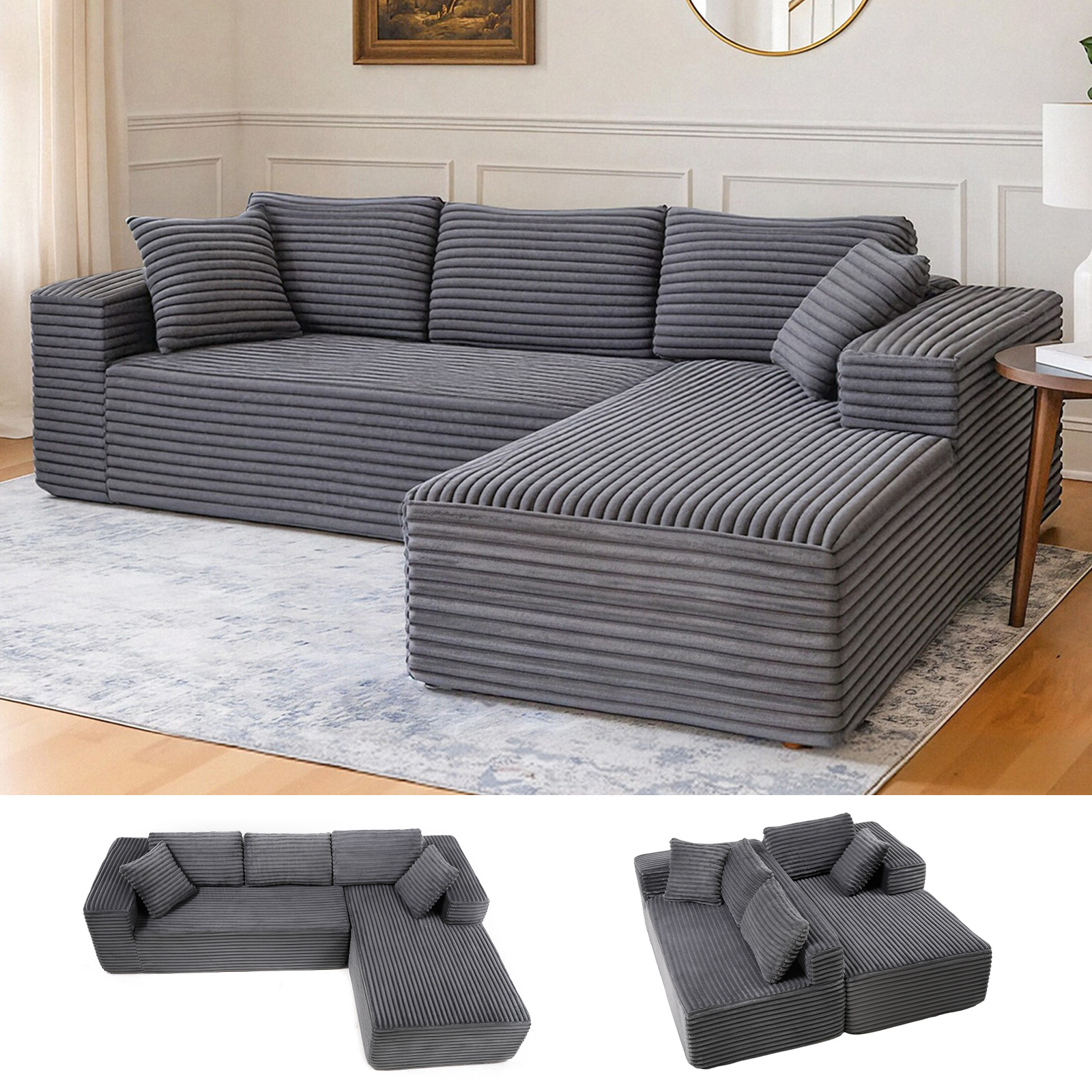 Image of 105" With Deep Seating, L-shaped Couch With Wide Armrests, Corduroy Fabric, High-density Foam, Chaise Lounge For Living Room, No