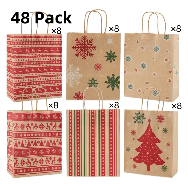 E-shop 48 Stück Weihnachten Geschenktüten, 6 Stil Weihnachten kleine Papiertüten mit Griffen für Weihnachten Party Neujahr Geschenke -