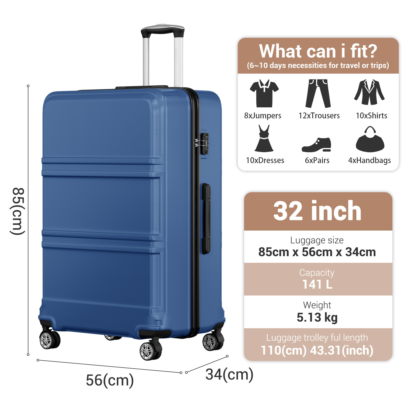Image of Kono Abs+ Inch Extra-large Suitcase, Horizontal Design, Wheeled Luggage With Telescopic Handle