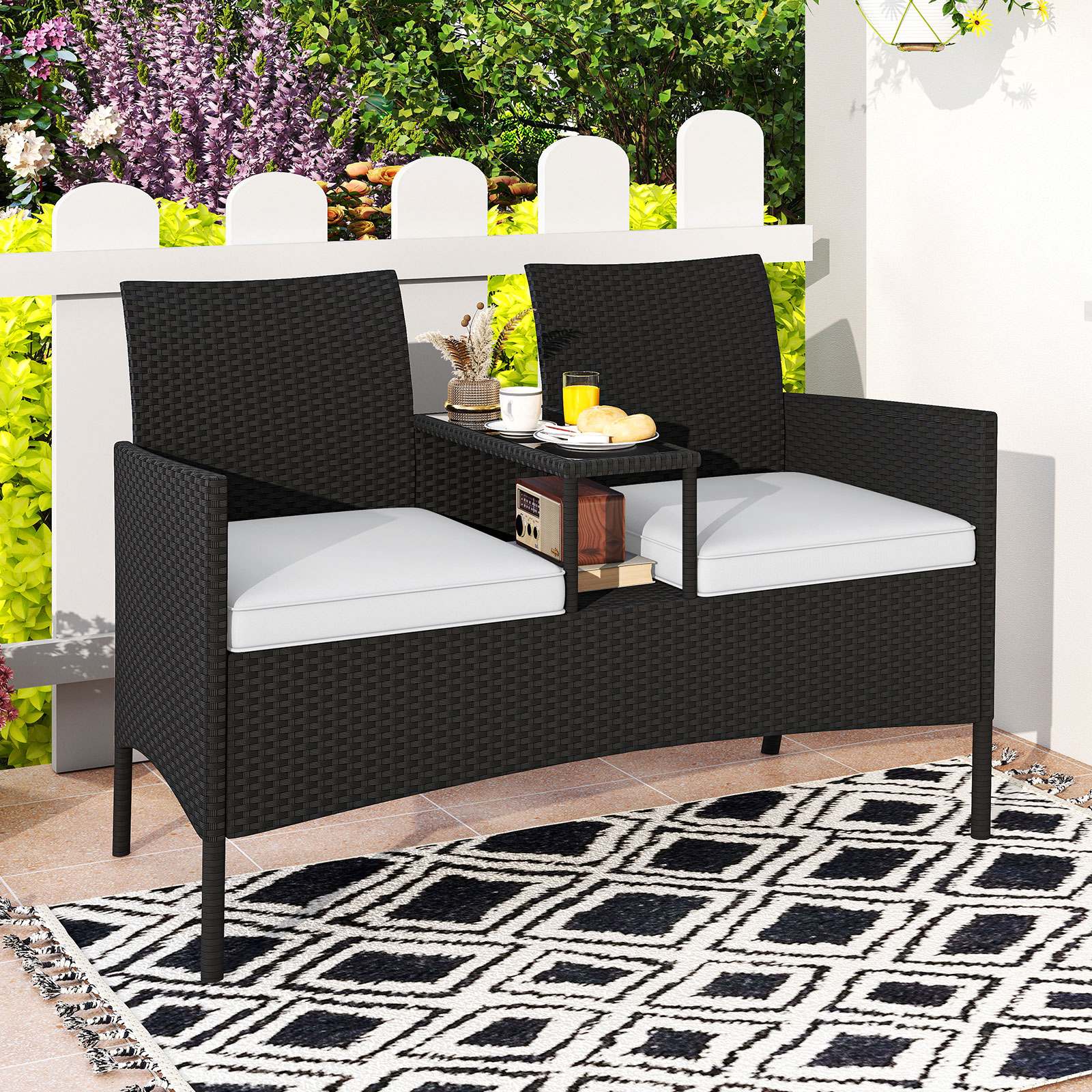 Patio Loveseat W/ Built-in Table, Wicker 2-seat / Soft Cushions & Tempered Glass Tabletop, Metal Frame Outdoor Conversation Seating Bench For Backyard, Porch